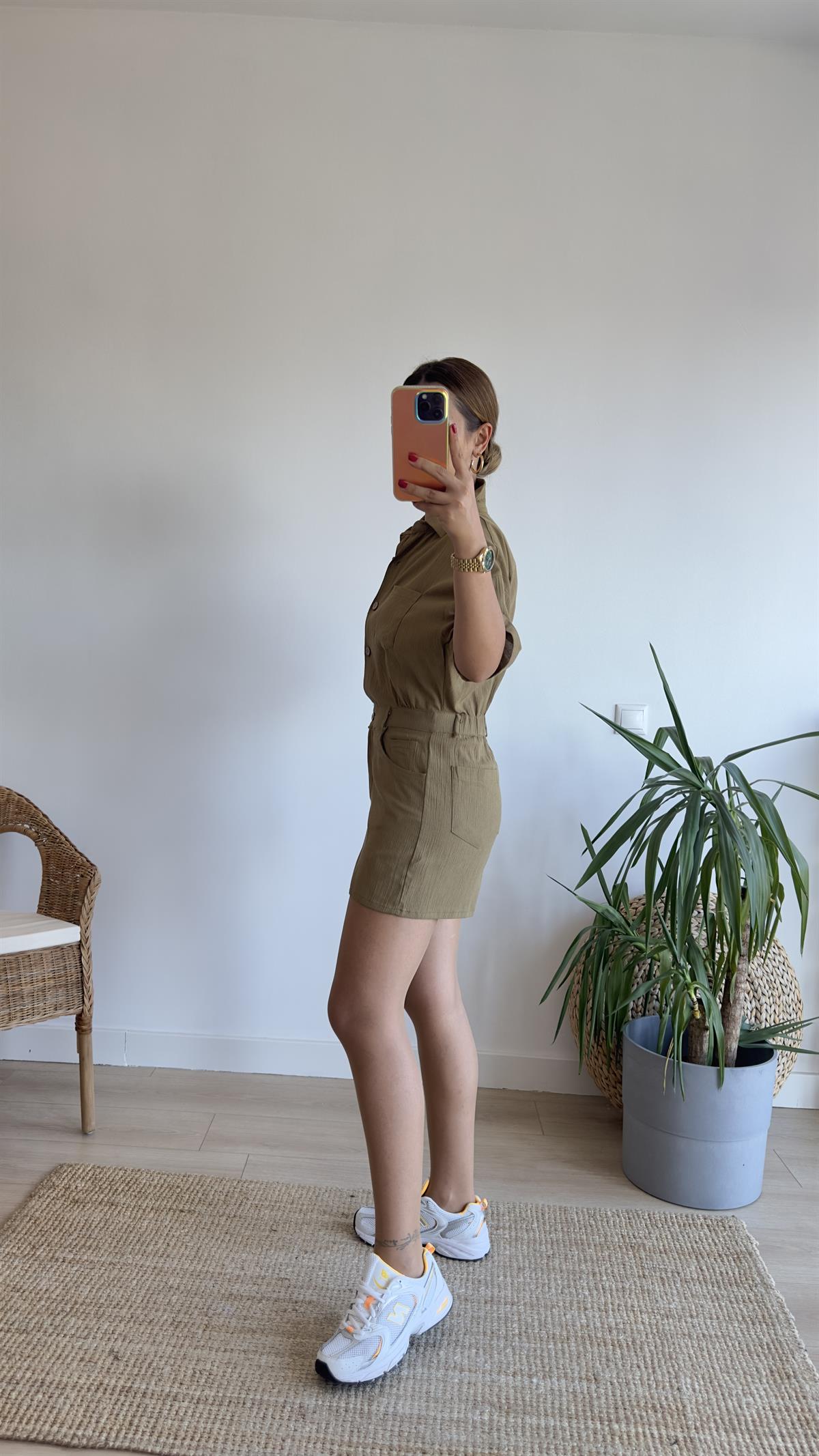 Haki Bel Lastik Detay Şort Tulum