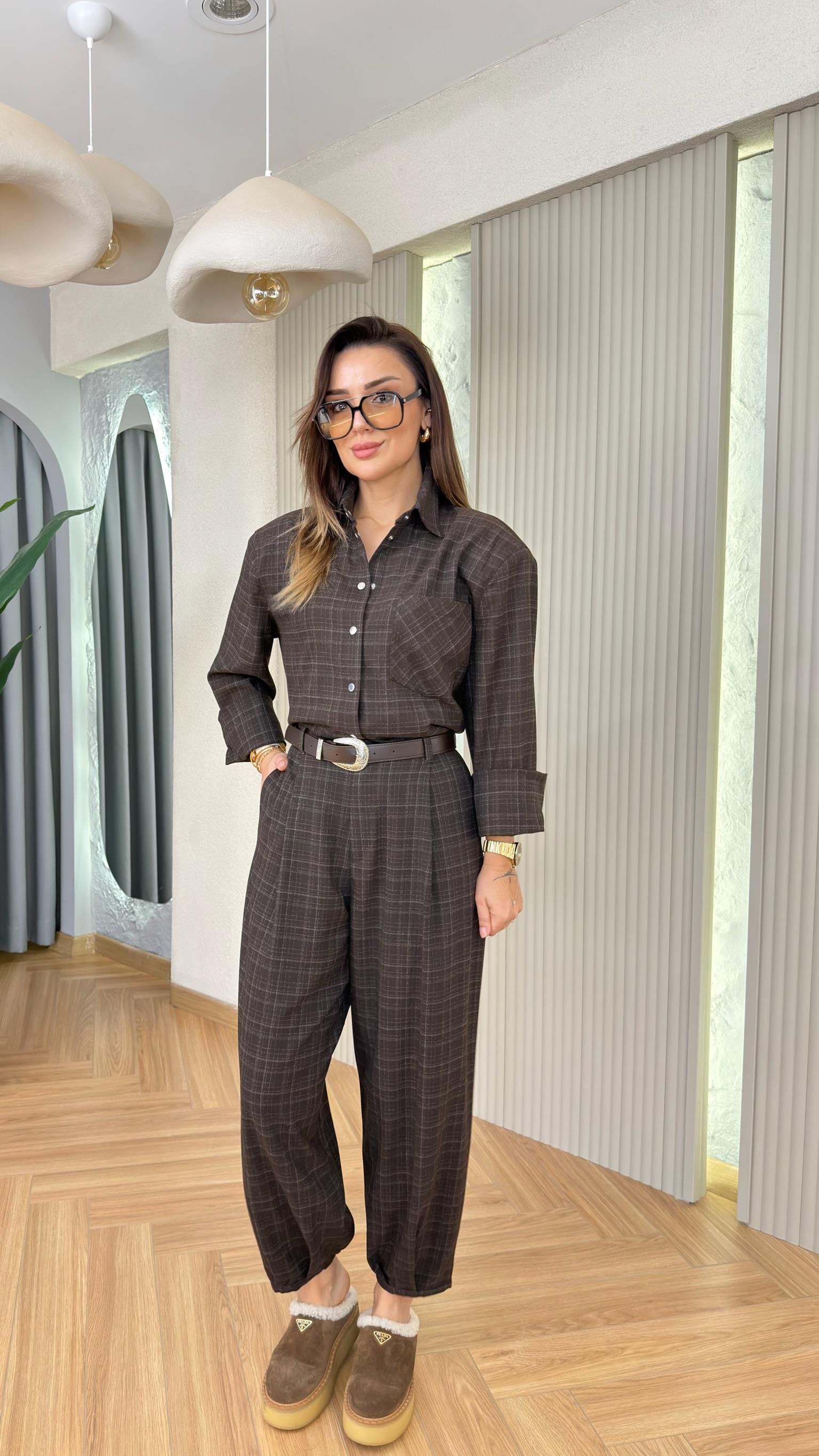 Reyna Ekose Desen Kemerli Balon Pantolon 