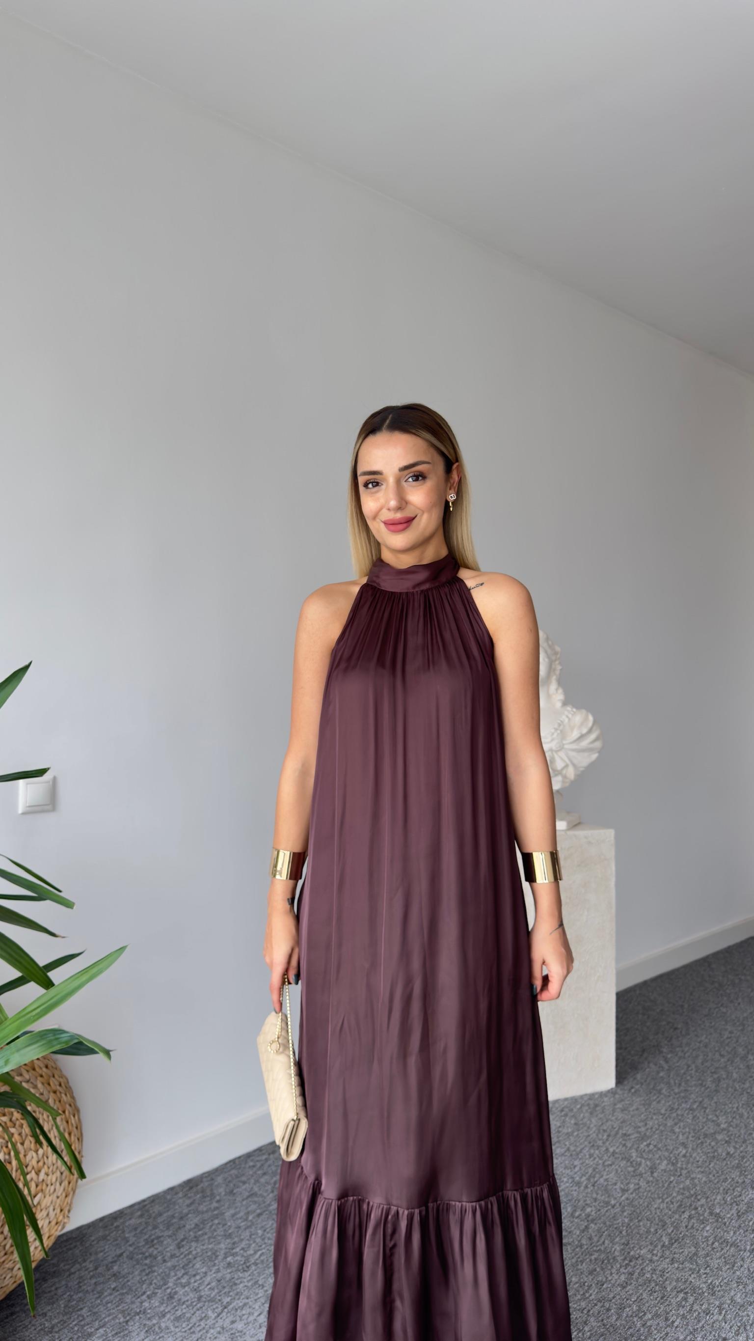 Orj Marka Boyundan Bağlamalı Kahve Elbise