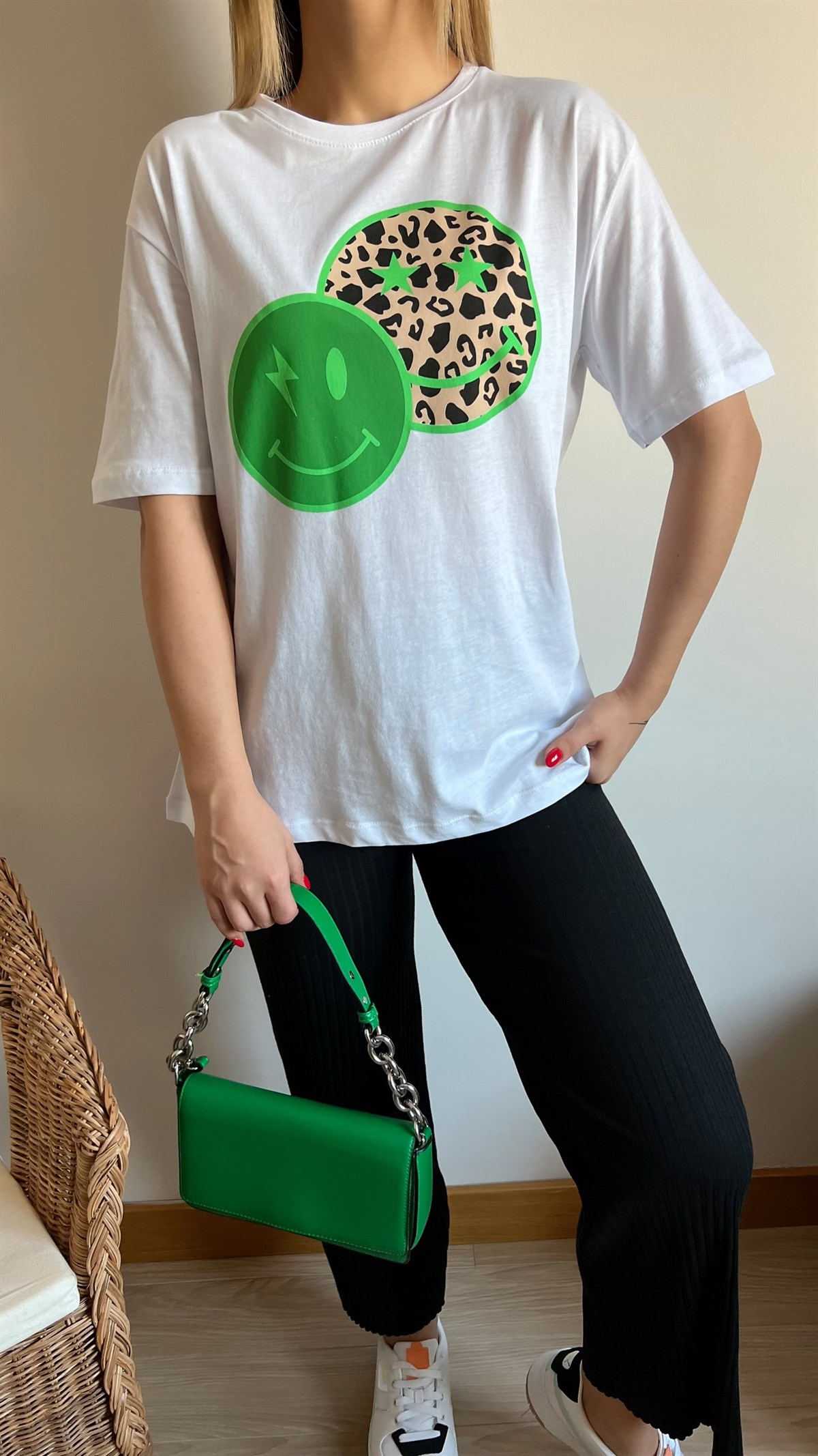 Yeşil Beyaz Leopar Baskı Tshirt