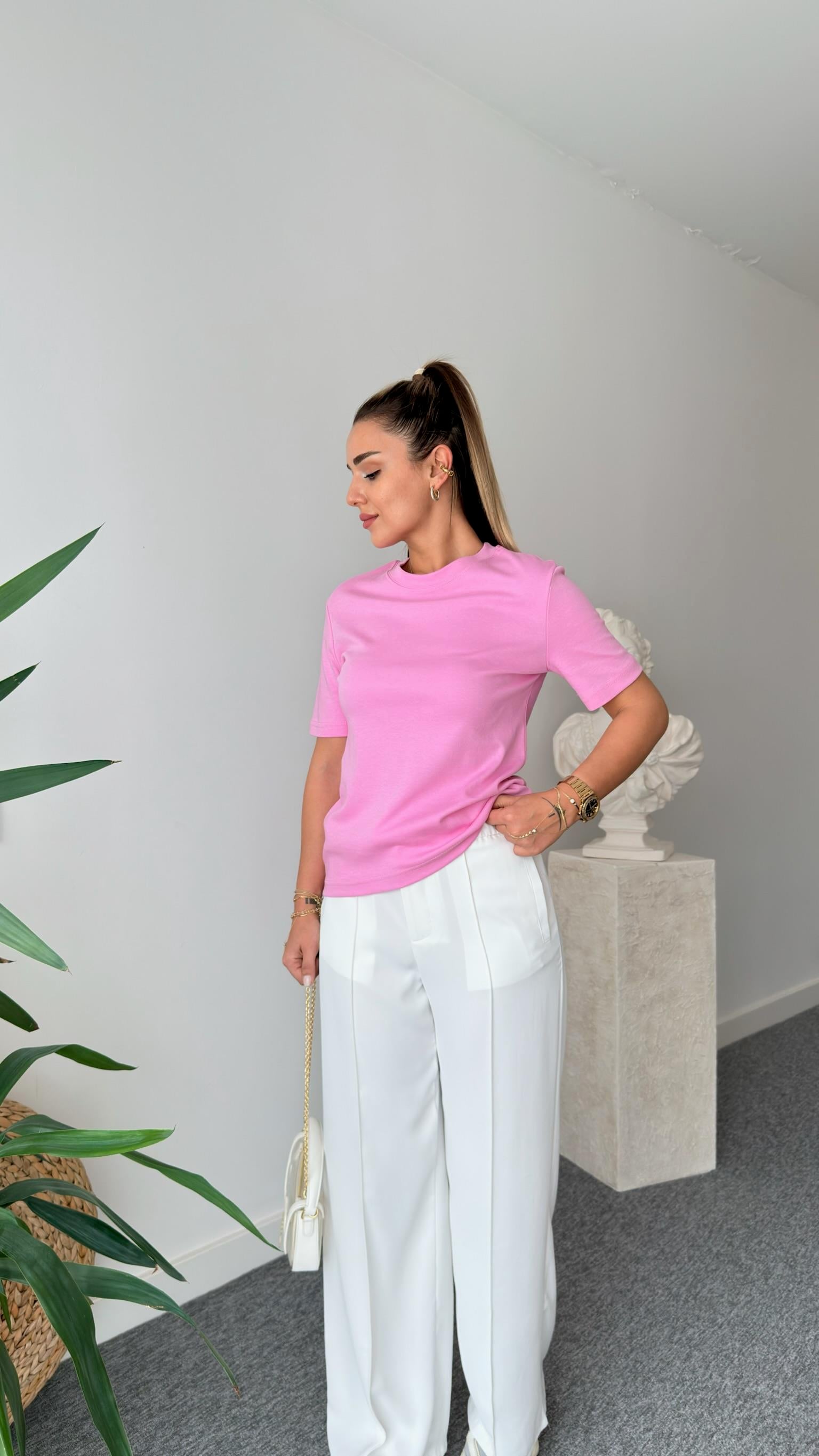 Pembe Falmo Bisiklet Yaka Massi Tshirt