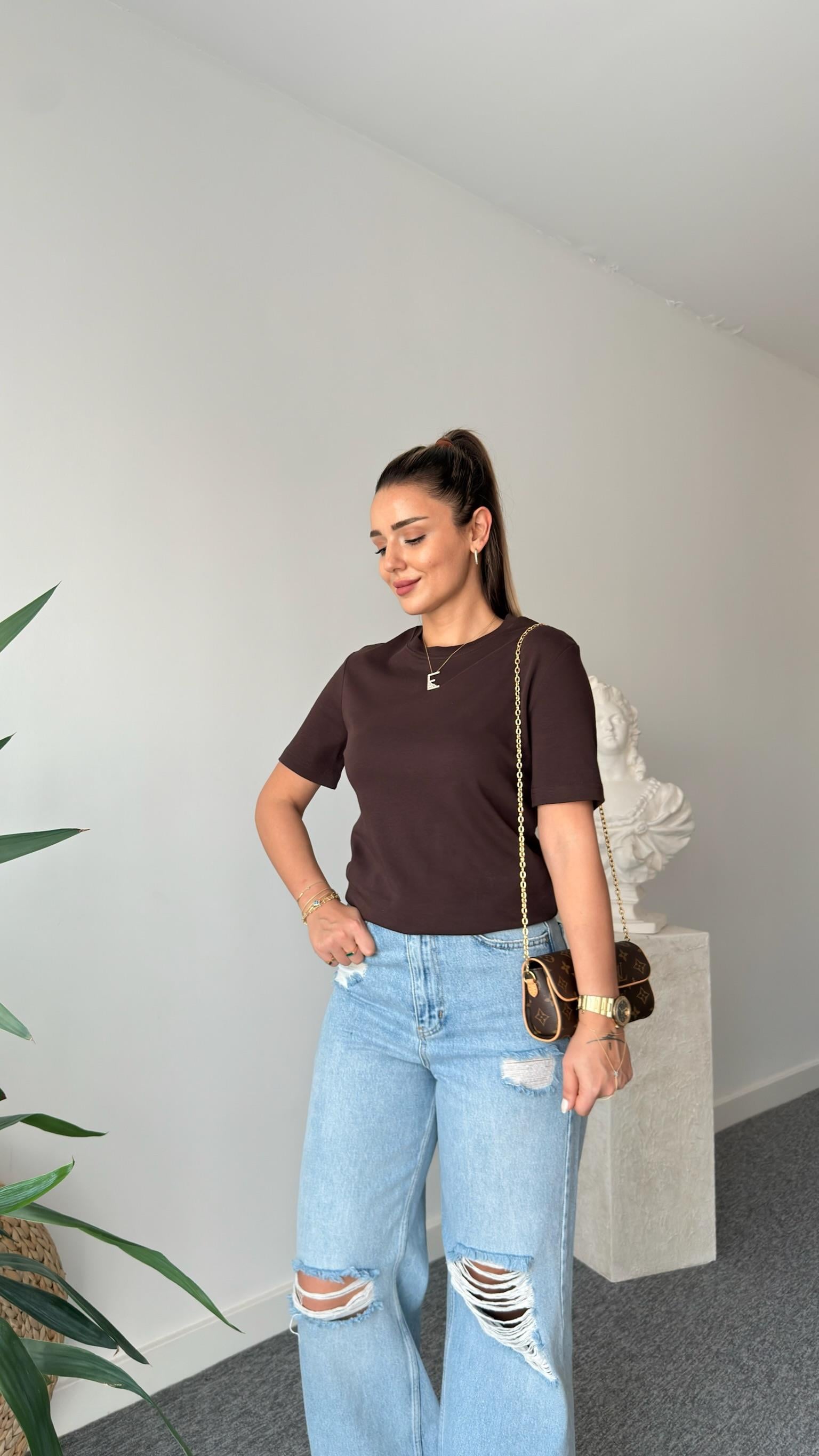 Kahve Falmo Bisiklet Yaka Massi Tshirt