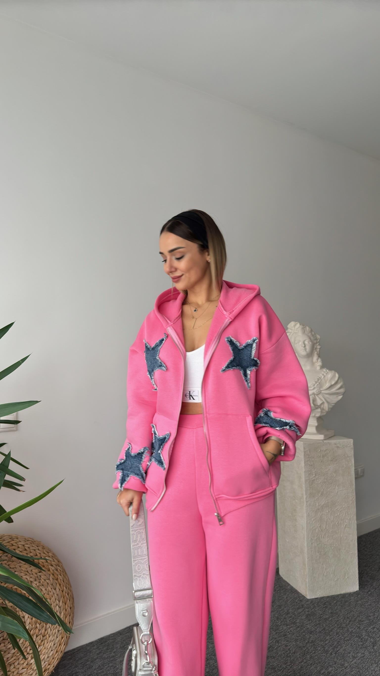 Denim Yıldız Detaylı Pembe Tasarım Takım