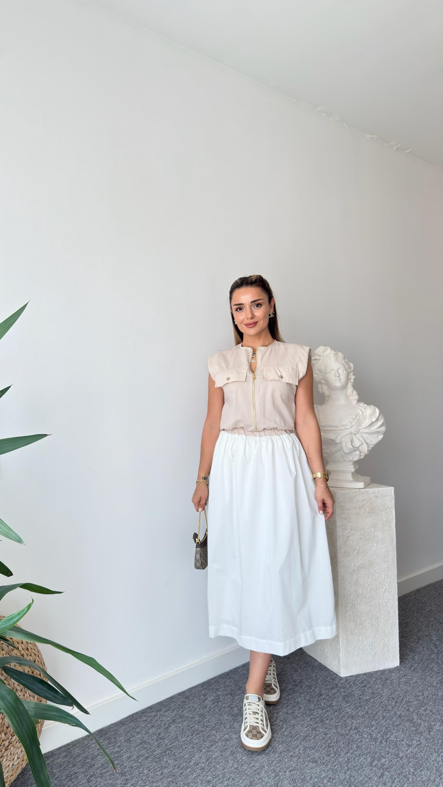 Beyaz Niasse Bel Büzgülü Zra Model Elbise 