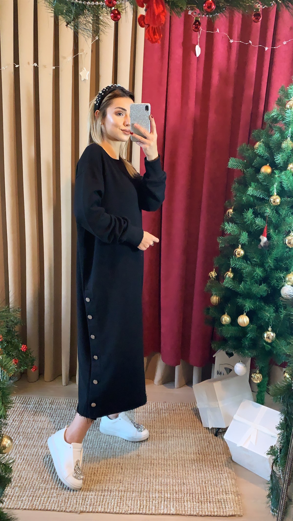 Düğmeli Yırtmaç Sweat Elbise 