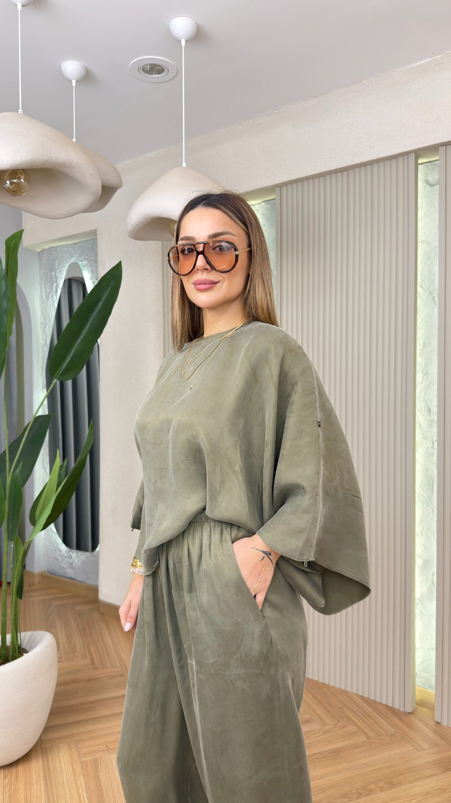 Yeşil Volia Tensel Bluz Pantolon Takım