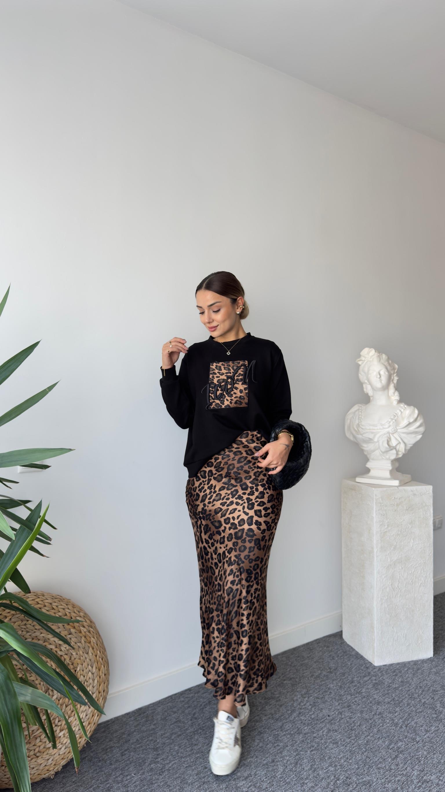 Ricar Kahve Leopar Desenli Etek Sweat Takım