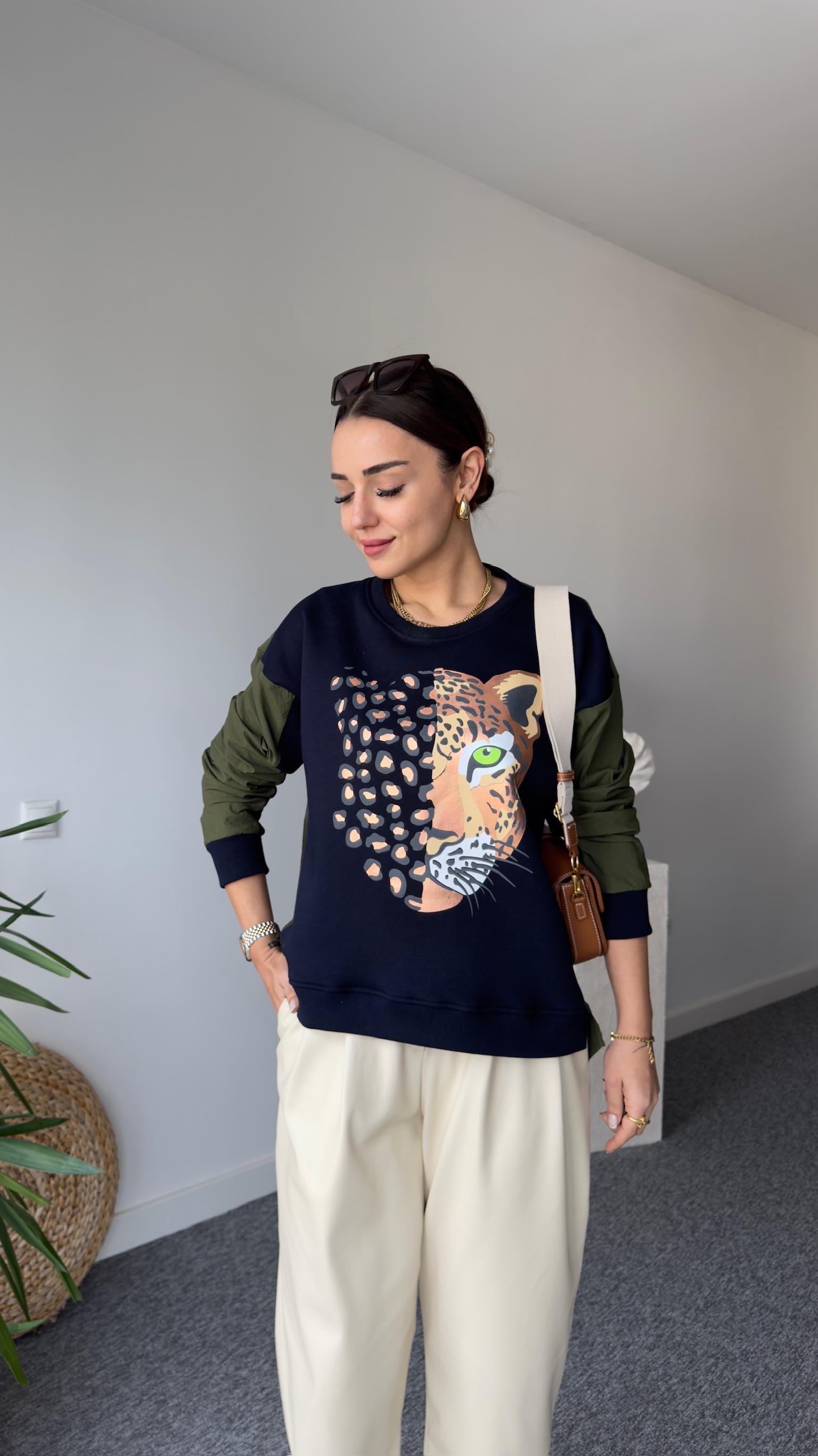 Kaplan Baskı Paraşüt Garnili Laci Sweatshirt