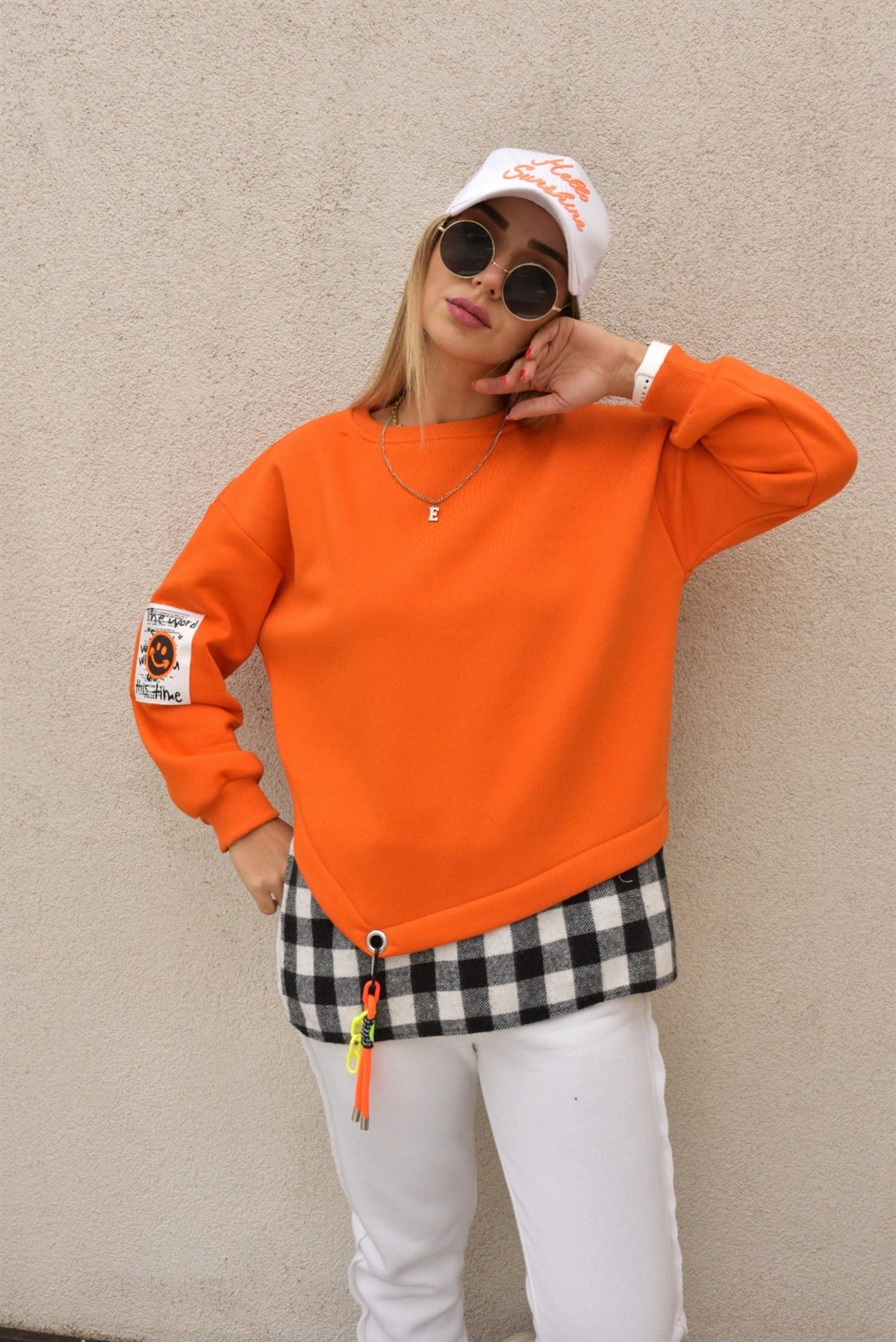 Ekose Detaylı Tasarım Turuncu Sweatshirt