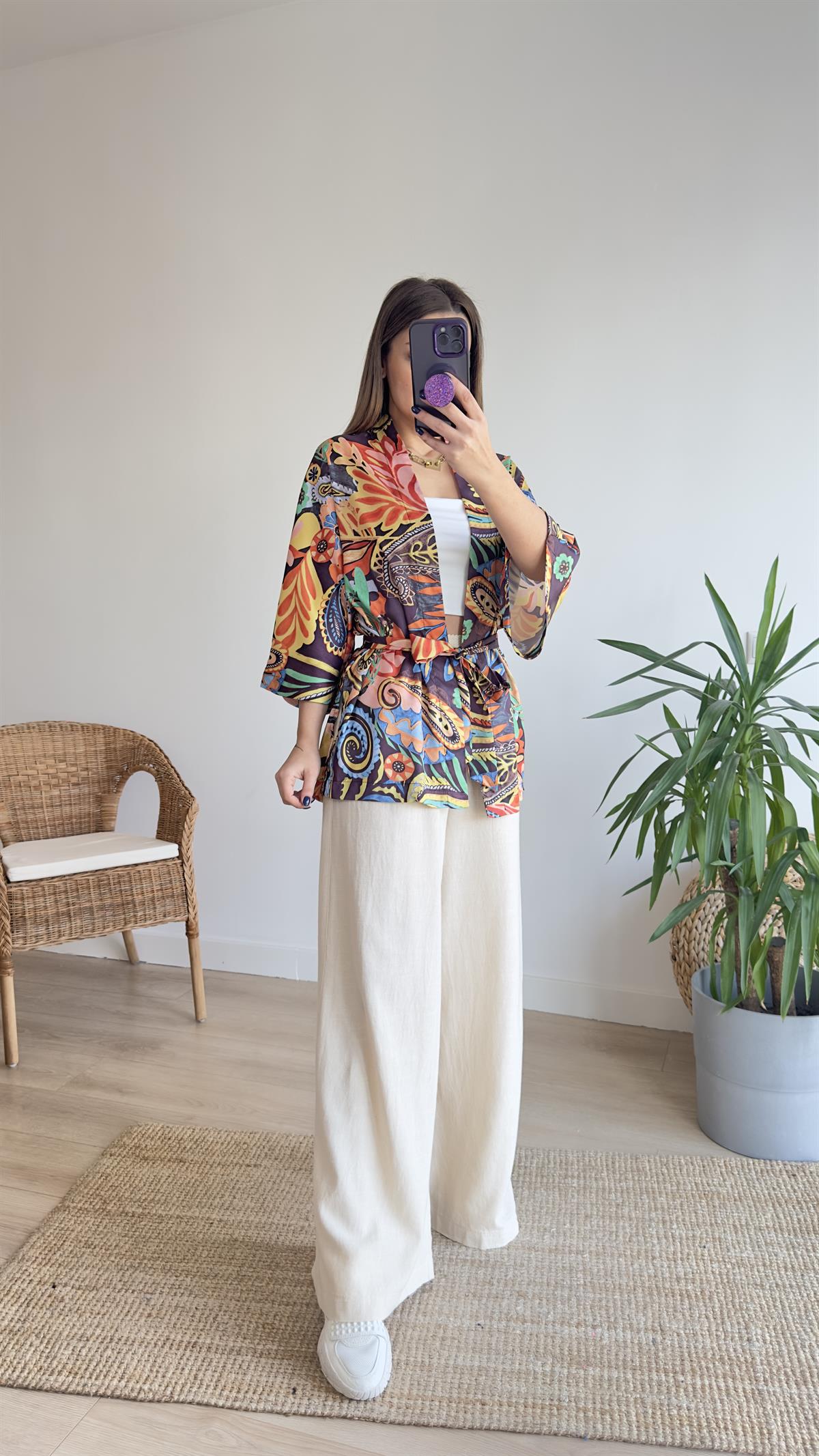 Çok Renkli Saten Kimono Ceket