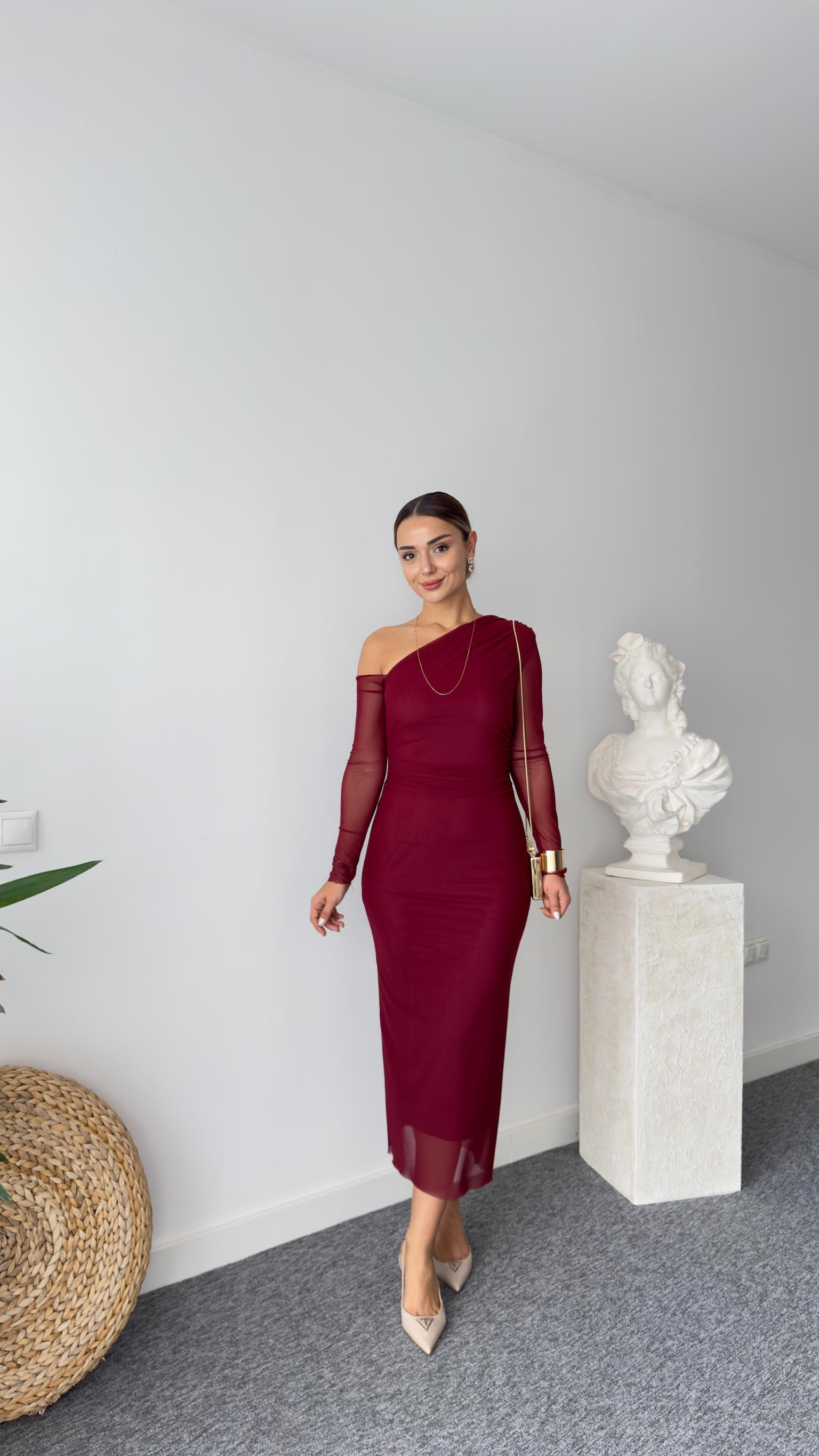 Lopez Astarlı Bordo Tül Elbise 