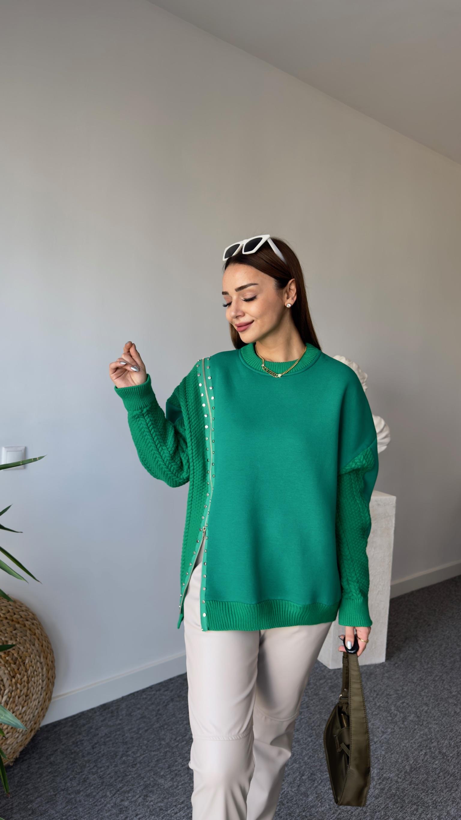Fermuarlı Taş Detay Orj Model Yeşil Tasarım Sweat 