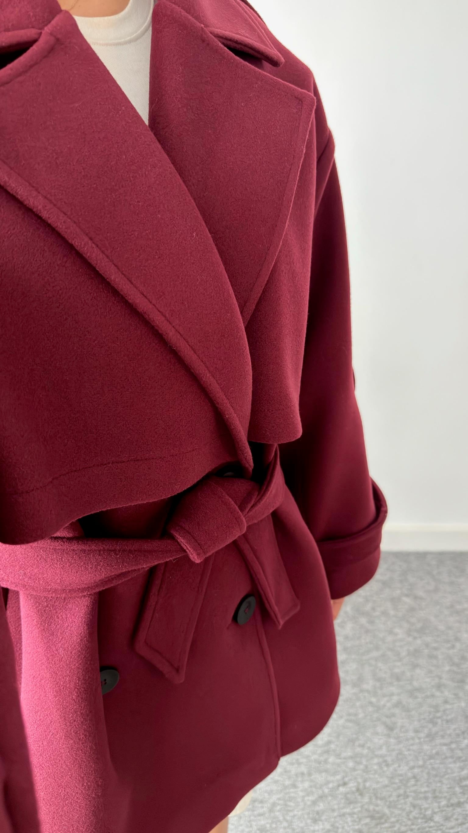 Bordo Laufen Kuşaklı Kaşe Kaban