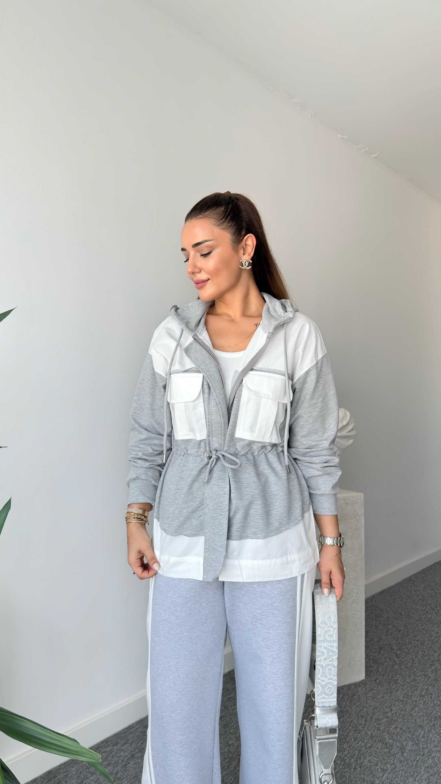 Josie Tws Model Gri Beyaz Kapüşonlu Ceket