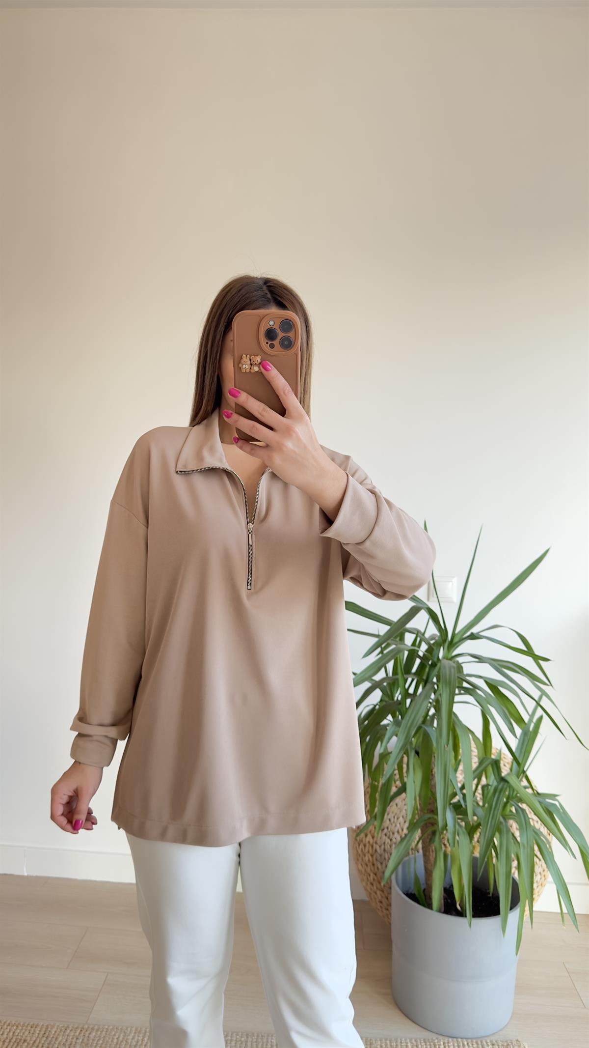 Bej Fermuarlı Mevsimlik Modal Sweat