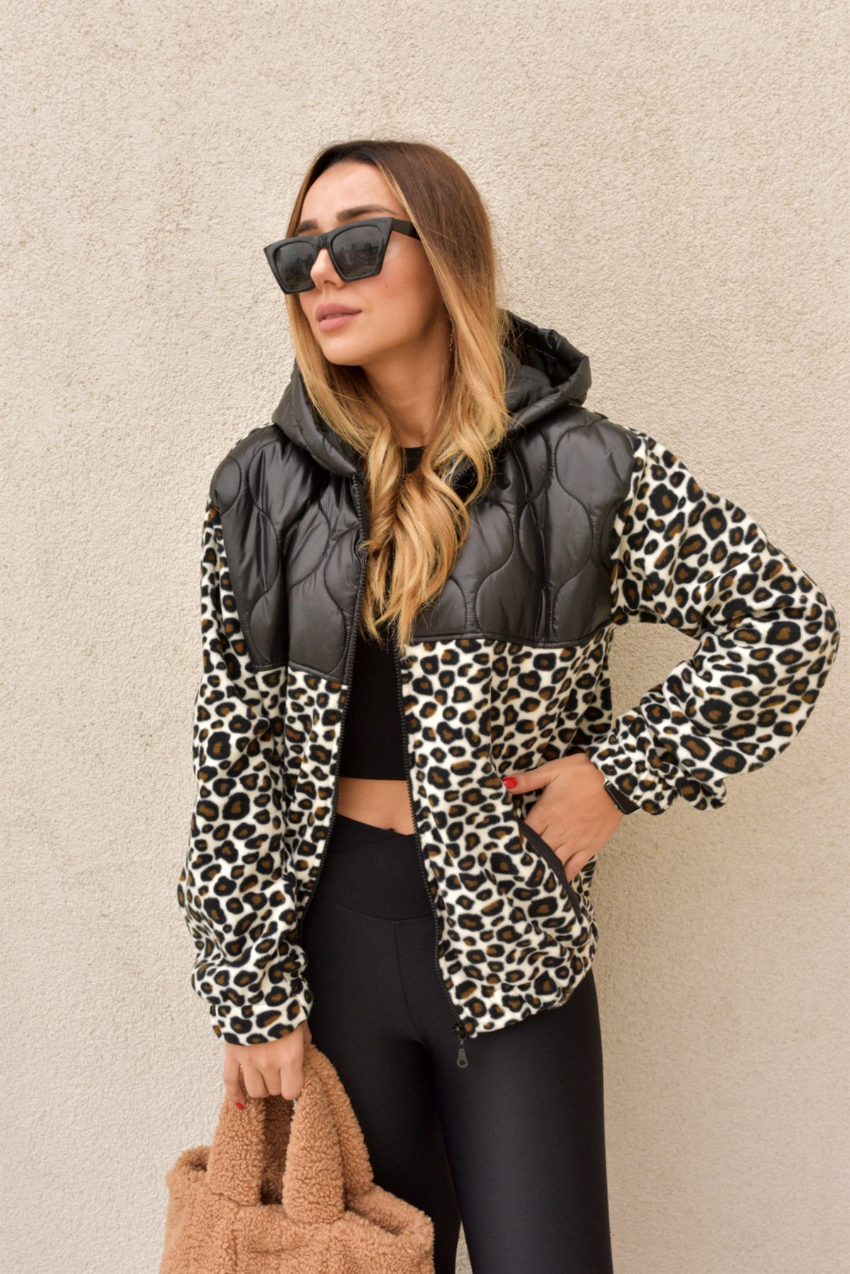 Kapitone Leopar Desen İnce Mont