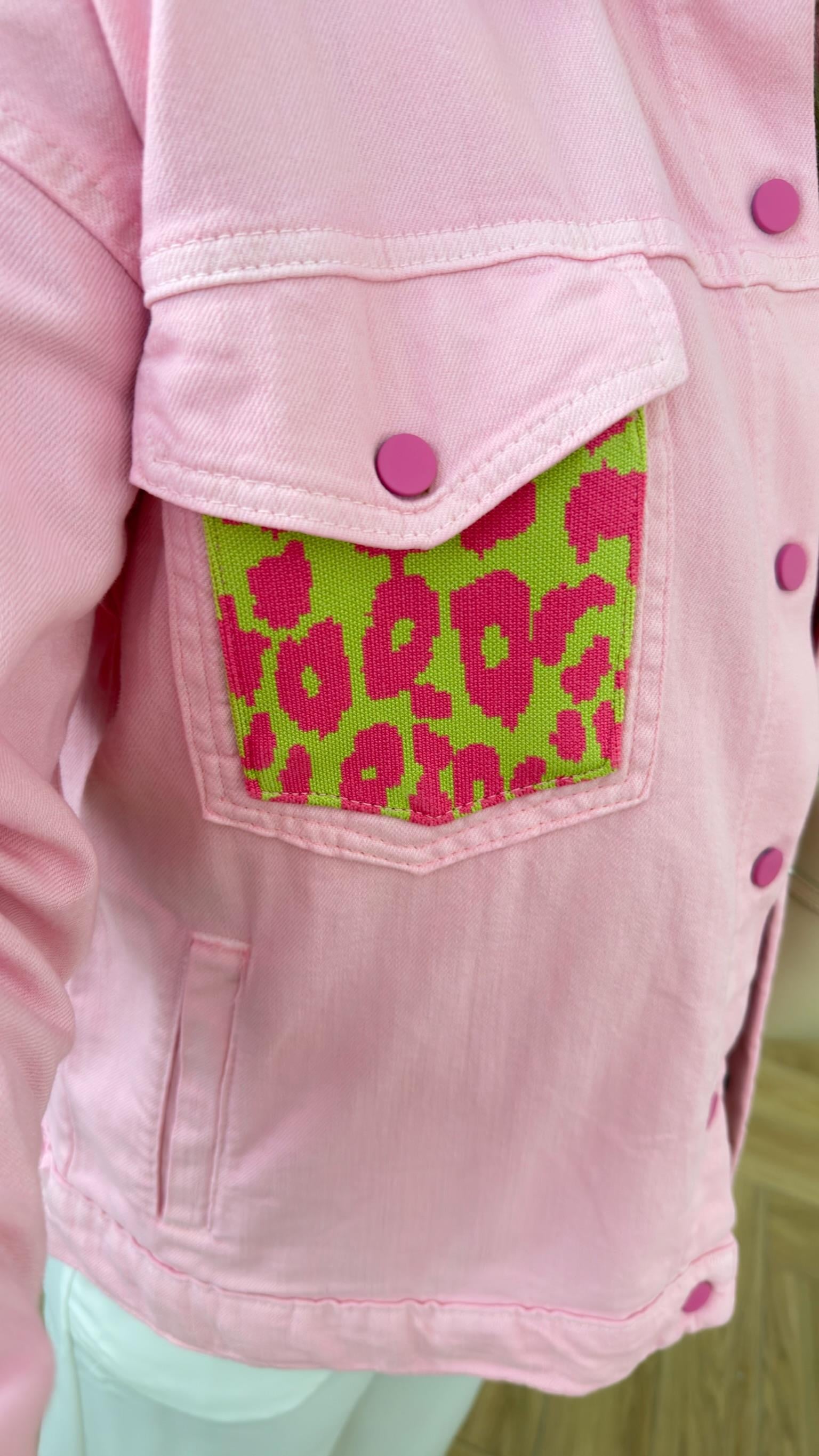Pembe Rosali Cep Leopar Tasarım Ceket