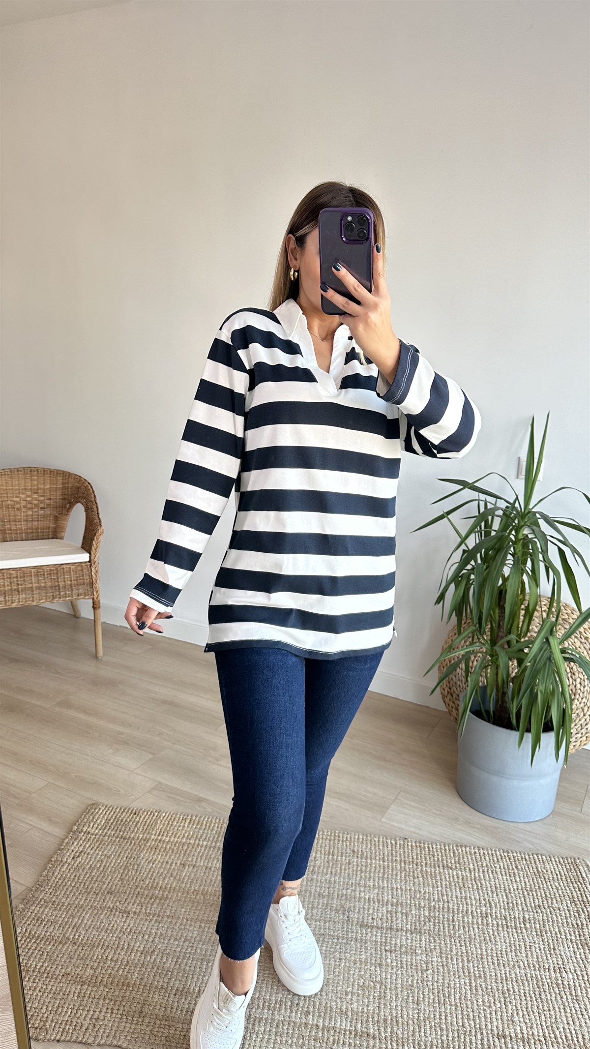 Polo Yaka Kalın Çizgili Basic Sweat