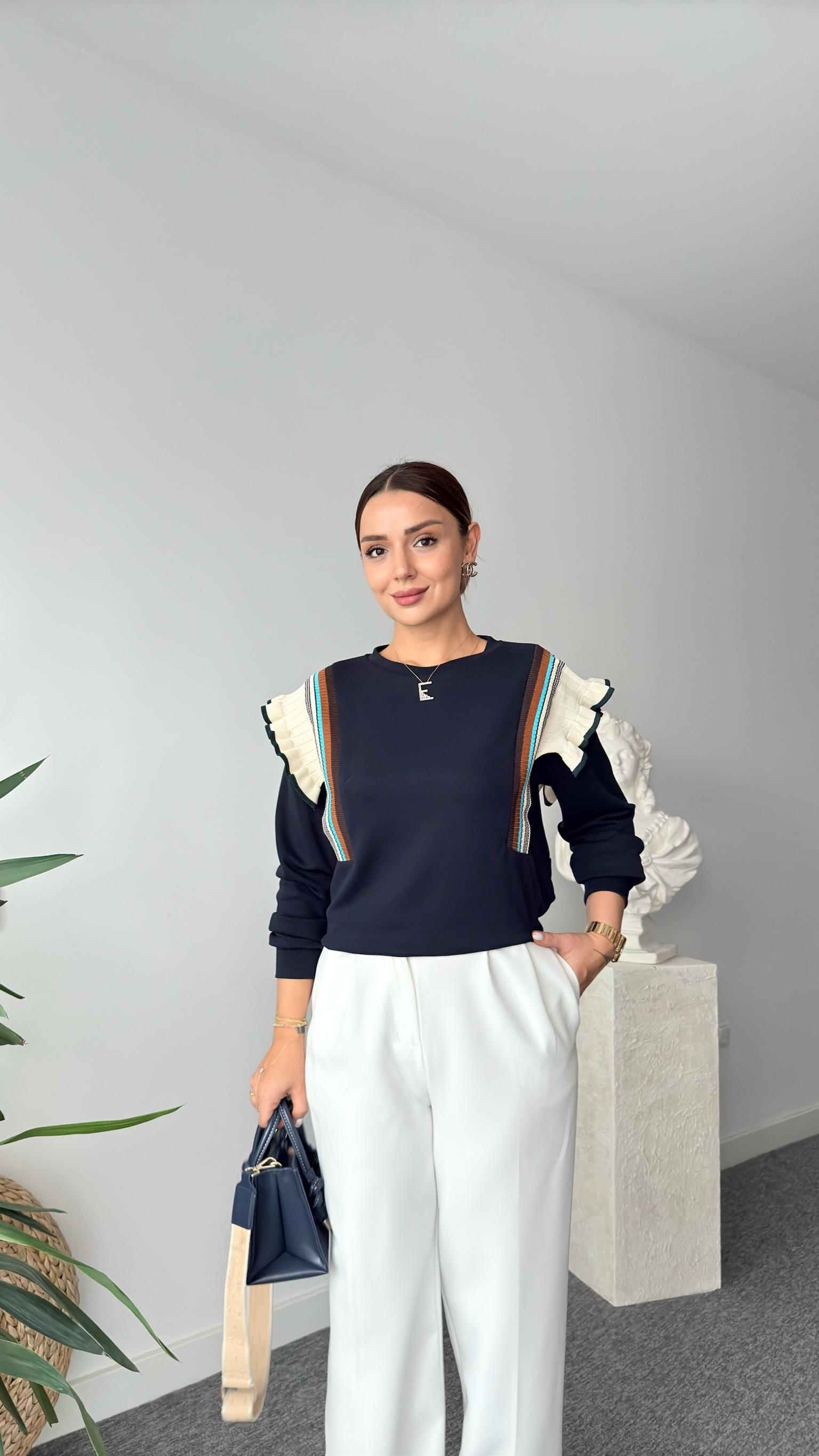 Triko Fırfır Detaylı Lacivert Modal Sweat