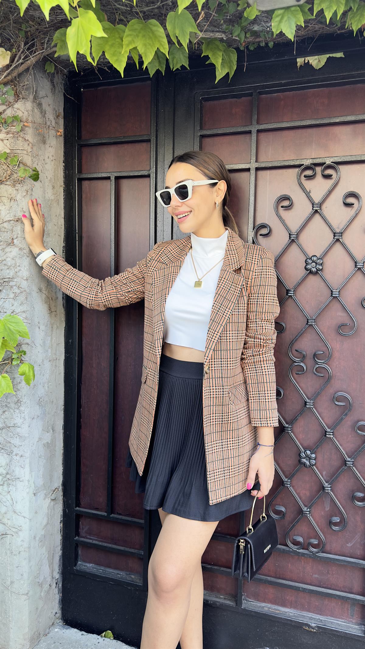 Tek Düğme Kahve Ekose Blazer Ceket