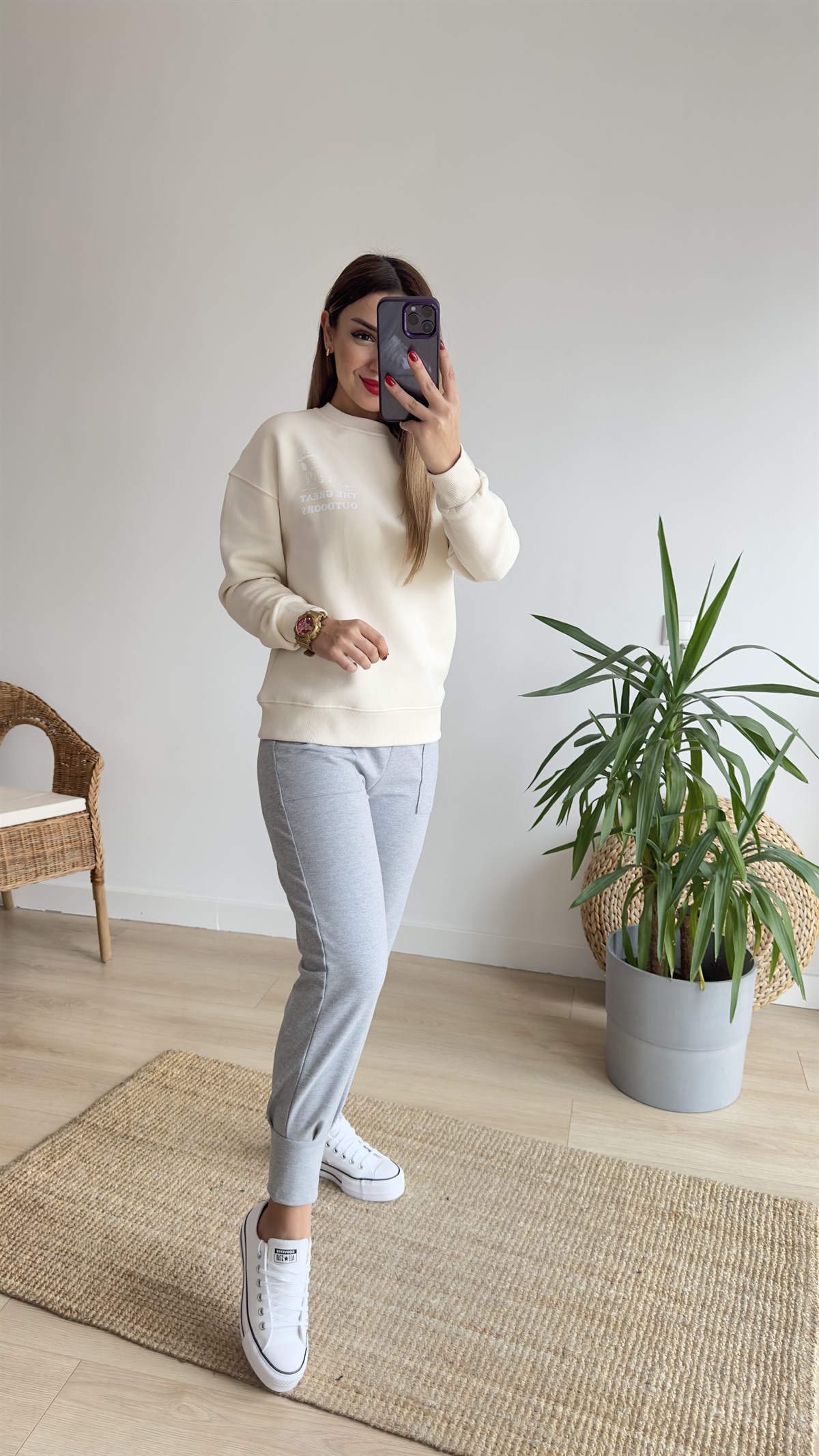 Snoopy Baskılı Bej Sweatshirt