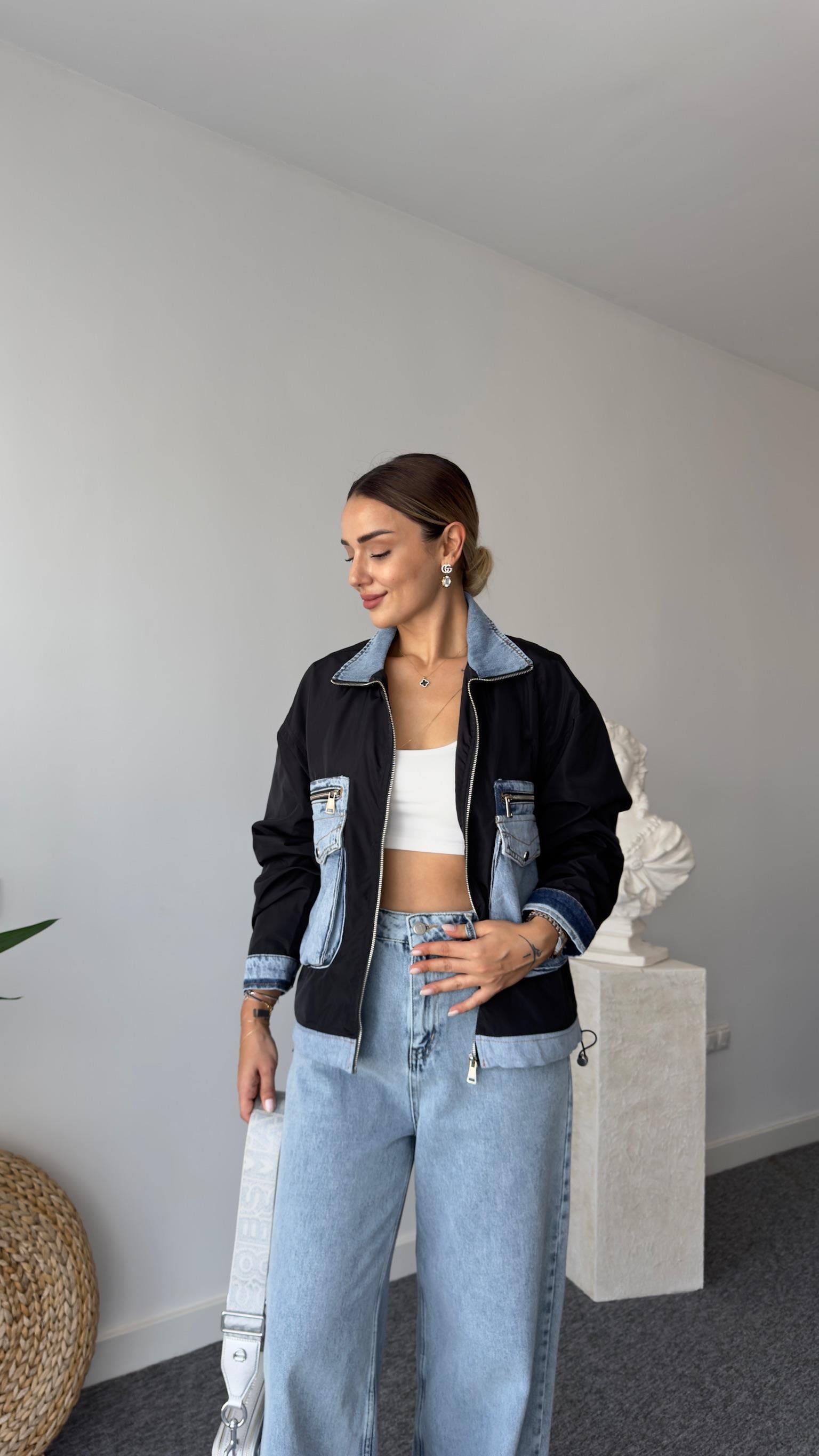 Denim Cepli Garnili Siyah Paraşüt Ceket