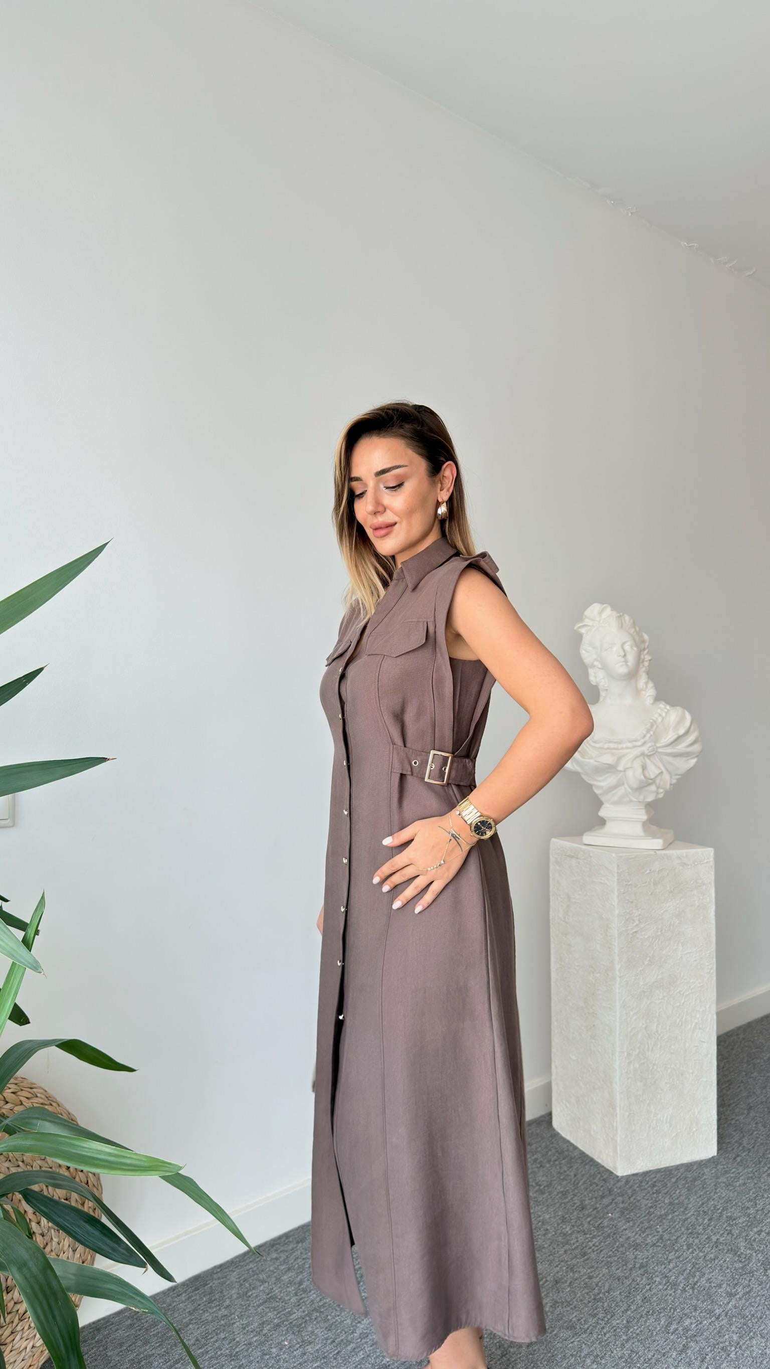Kahve Yan Kemerli Zra Model Tensel Elbise 