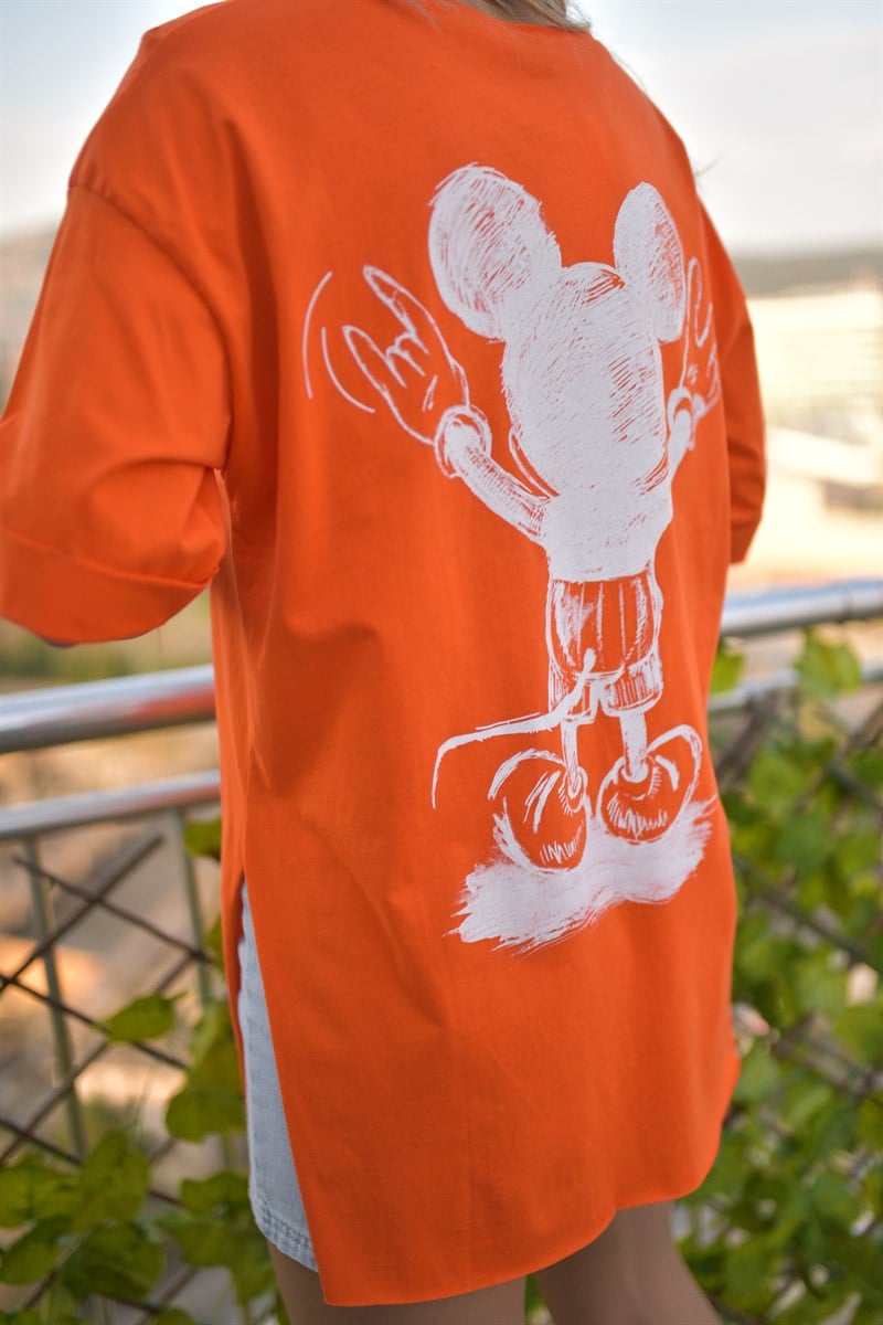 Ön Arka Mickey Baskı Turuncu Tshirt