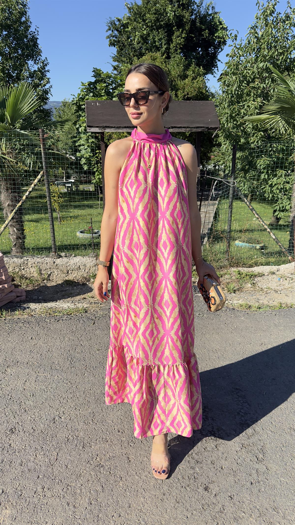 Hakim Yaka Zra Pembe Desenli Elbise