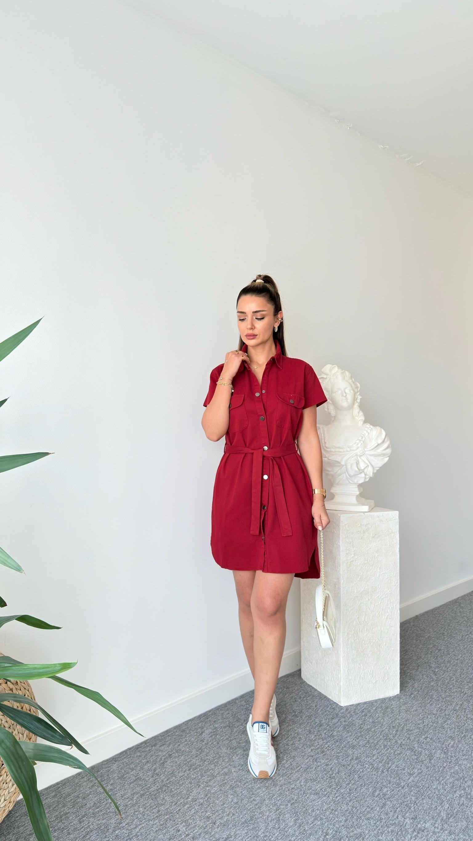 Bordo Heren Kuşaklı Gabardin Elbise 