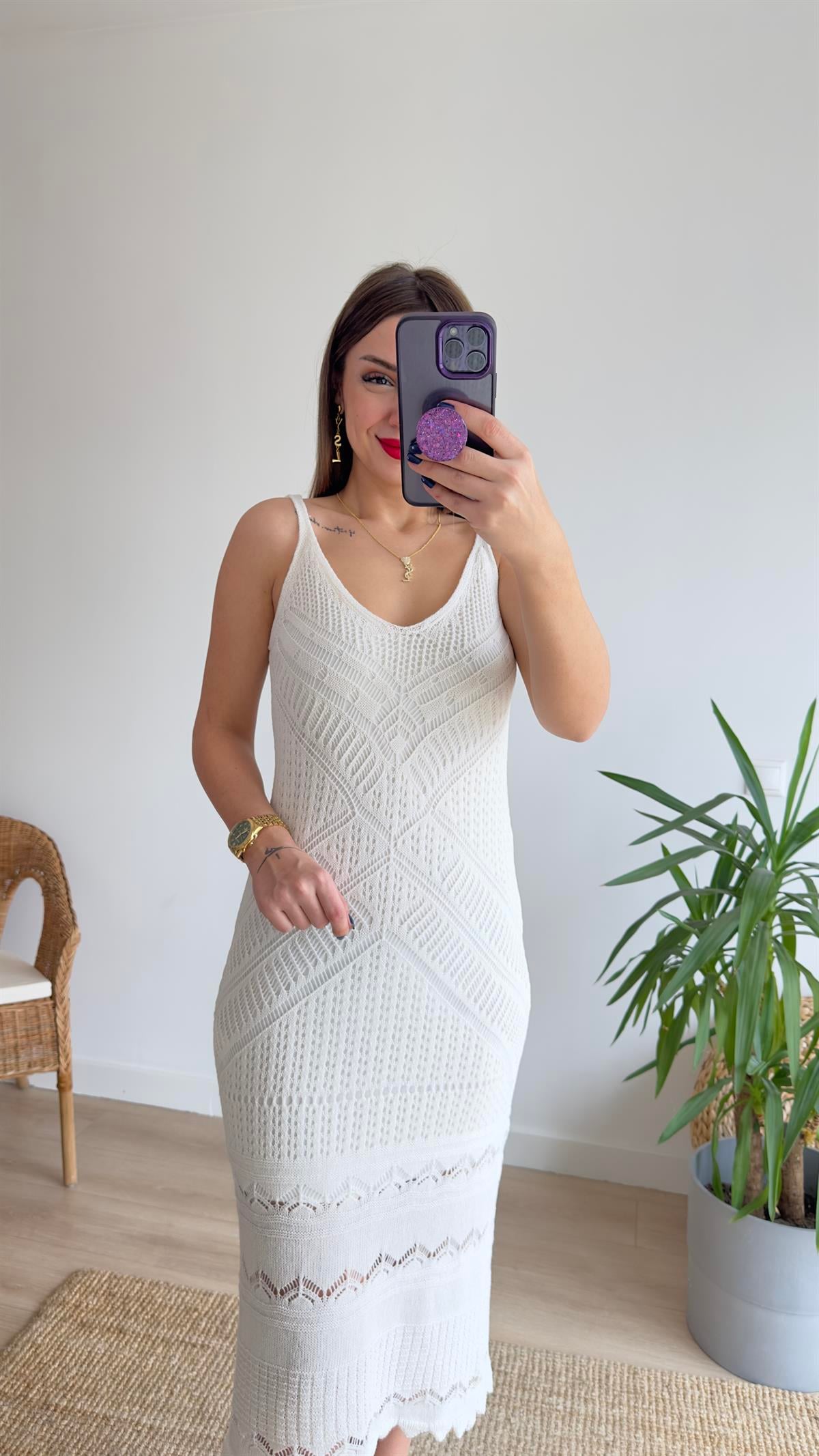 Askılı Beyaz Örme Elbise
