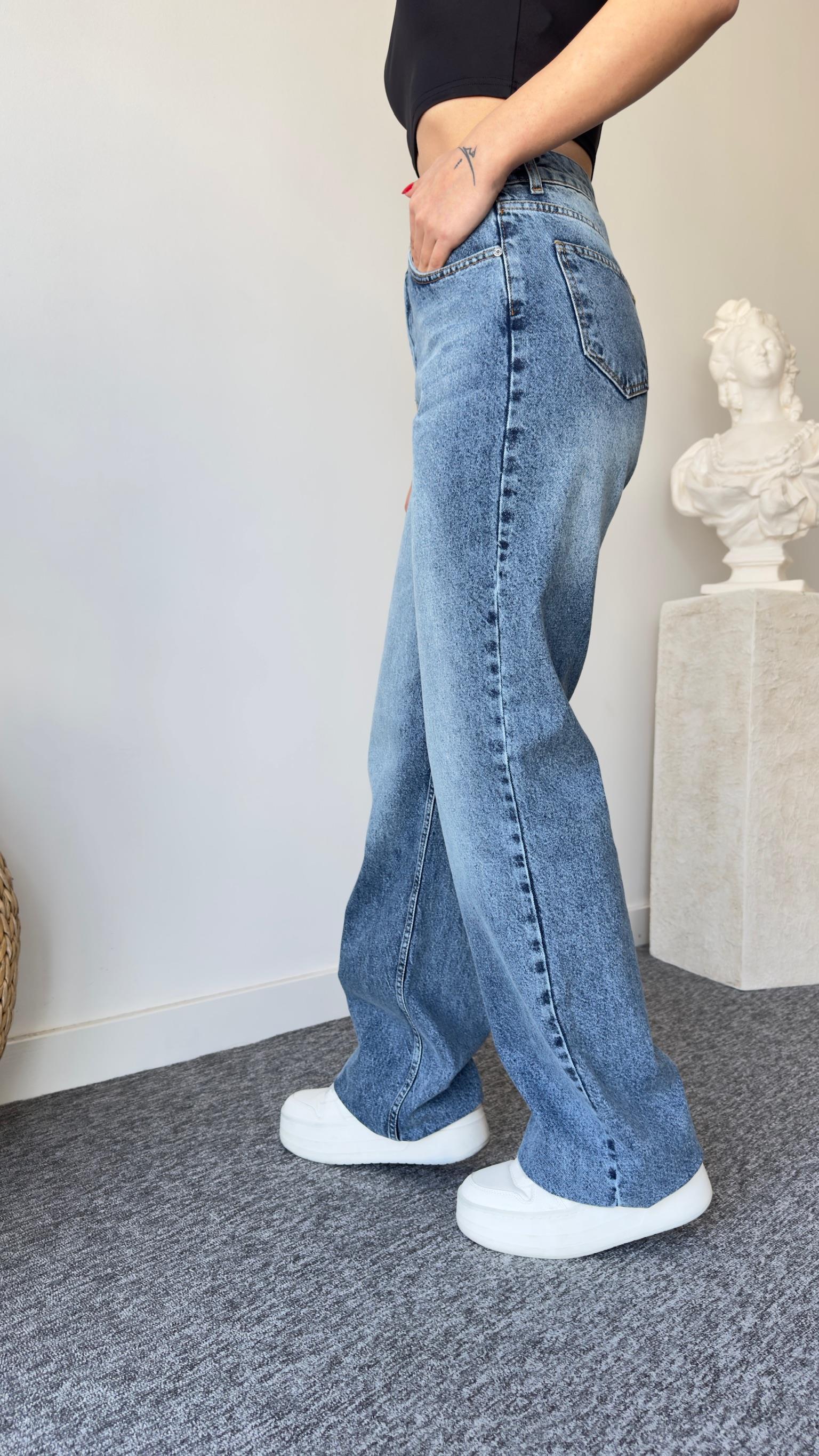 Wıde Leg Taşlamalı Mavi Jean