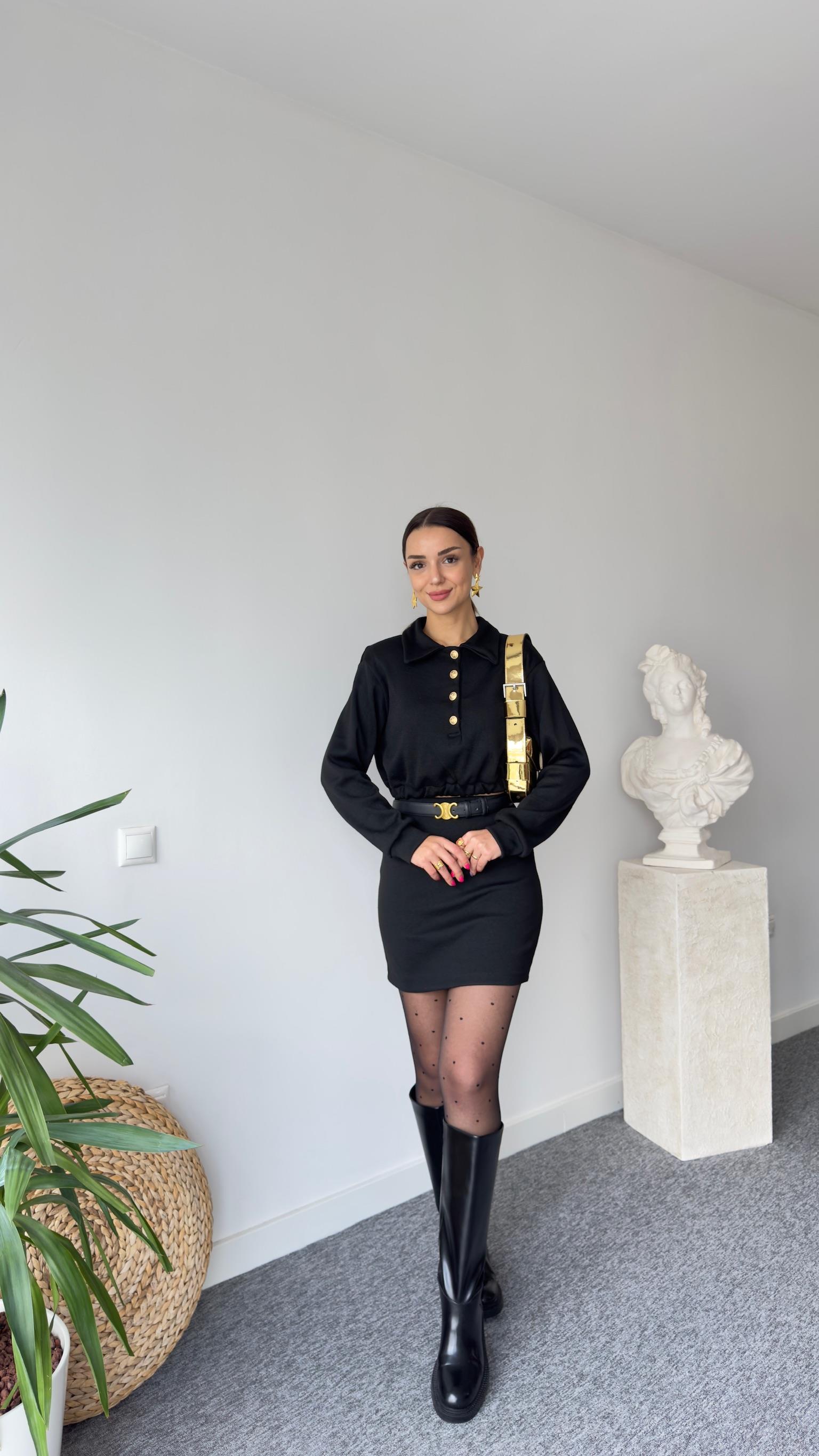 Siyah Gold Düğmeli Triko Takım