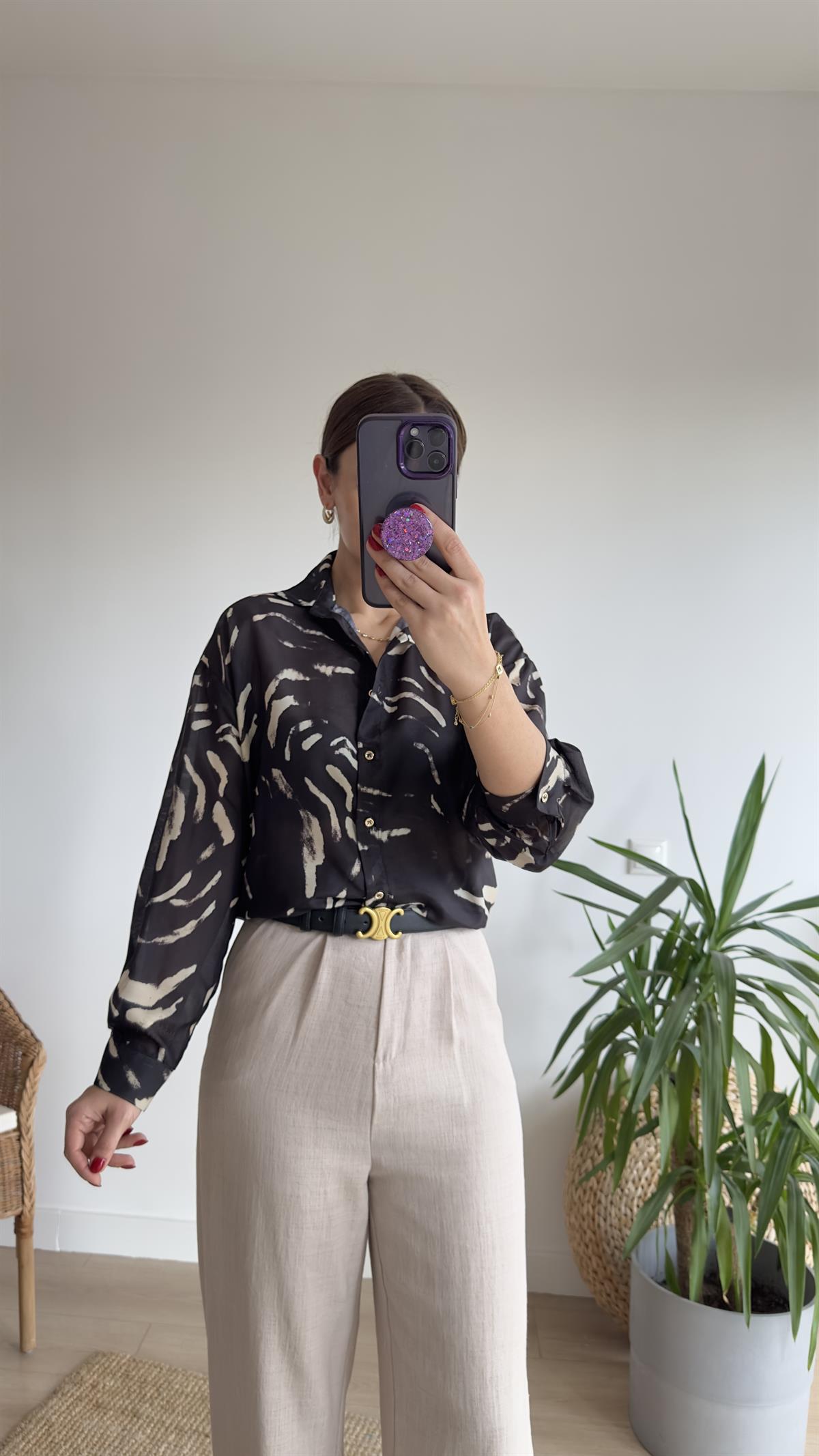 Fiona Desenli Siyah Vual Gömlek