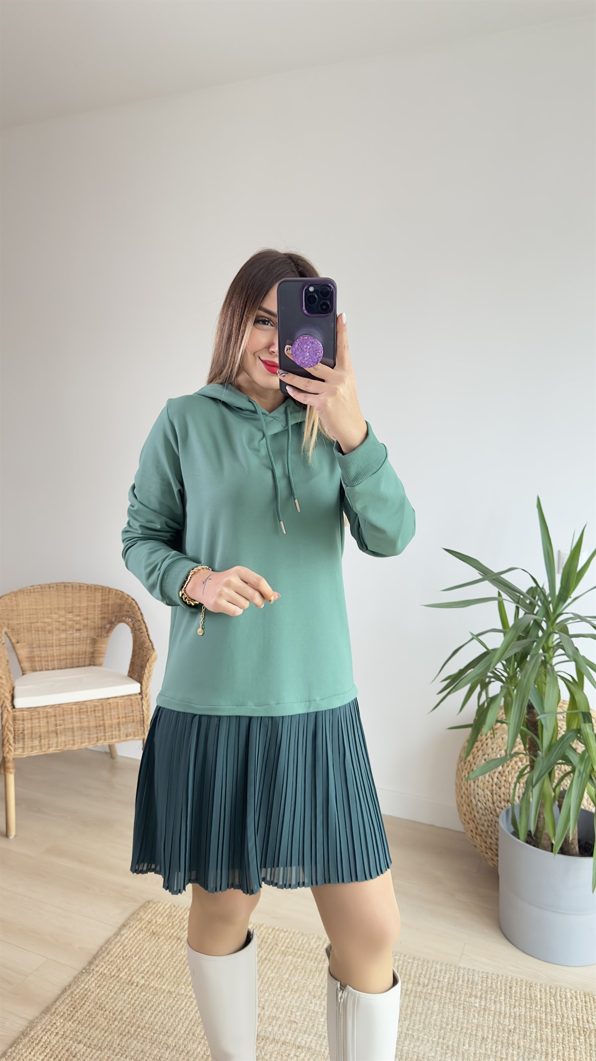Kapüşonlu Yeşil Sweat Elbise 
