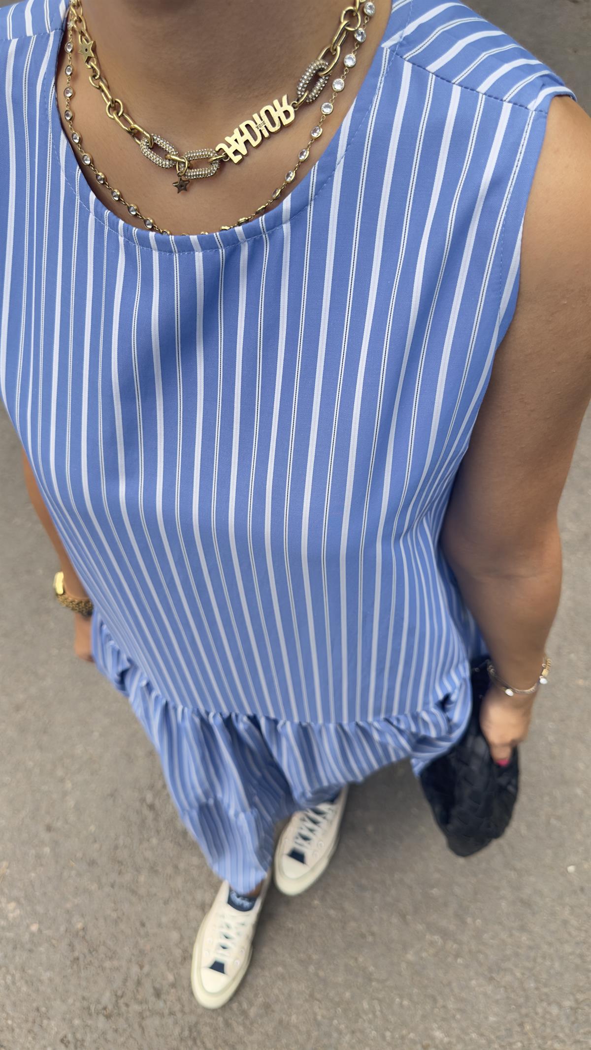 Tiara Çizgili Mavi Poplin Maxi Elbise