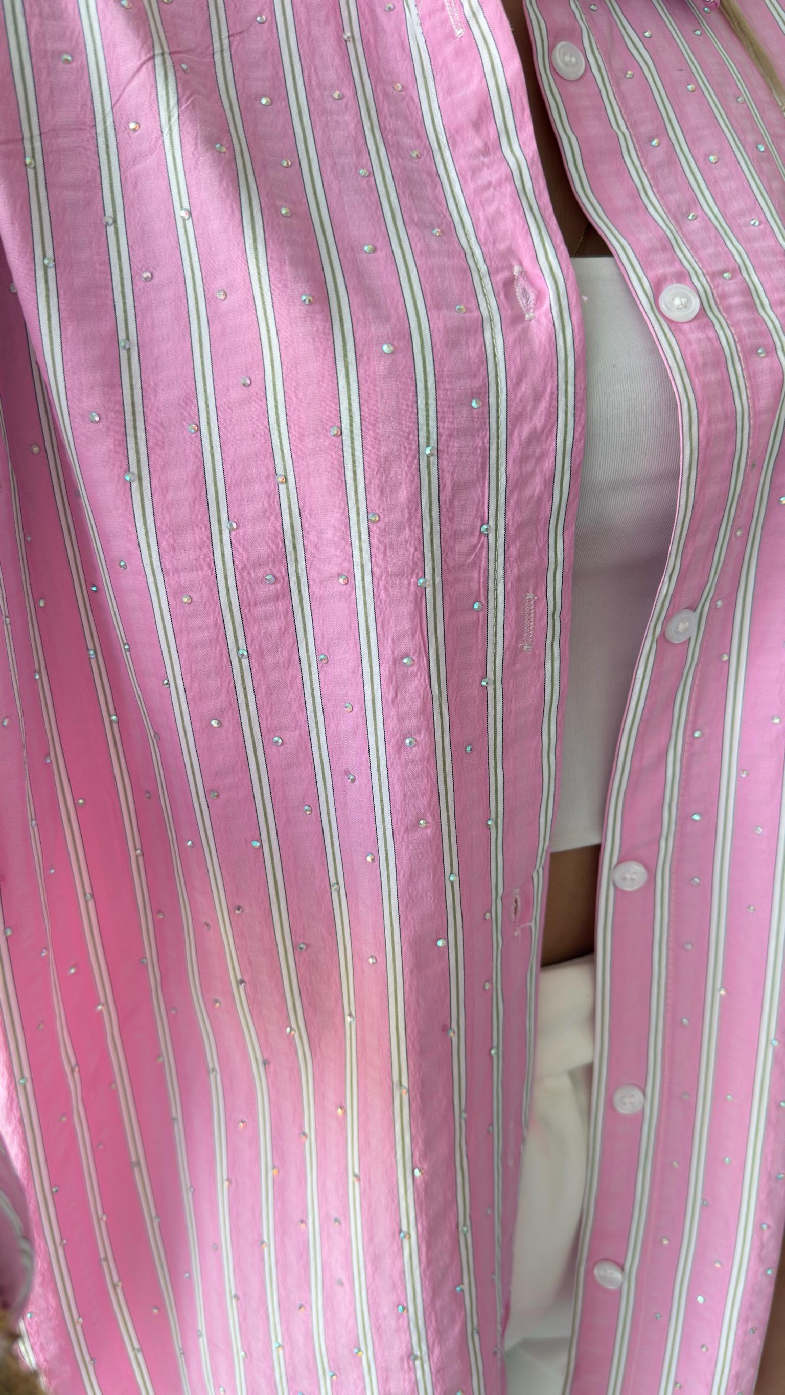 Pembe Dagil Çizgili Taşlı Gömlek