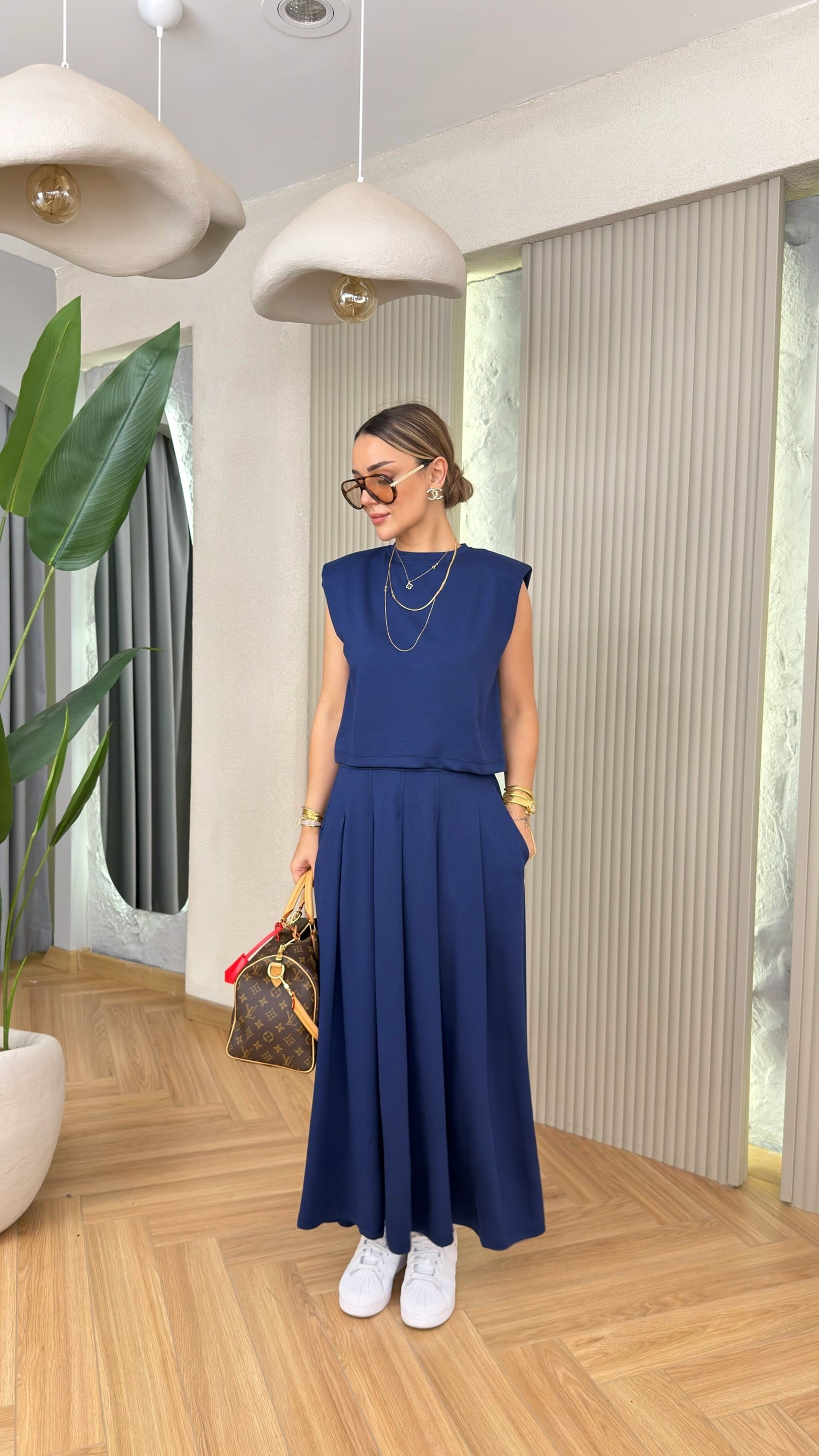 Lacivert Verona Pileli Etek Bluz Modal Takım