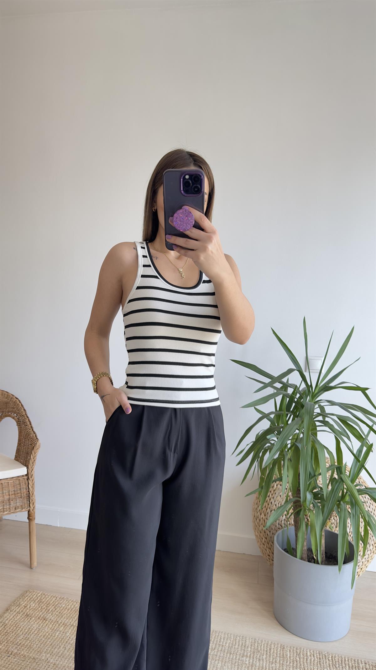 İlya Çizgili U Yaka Çizgili Crop