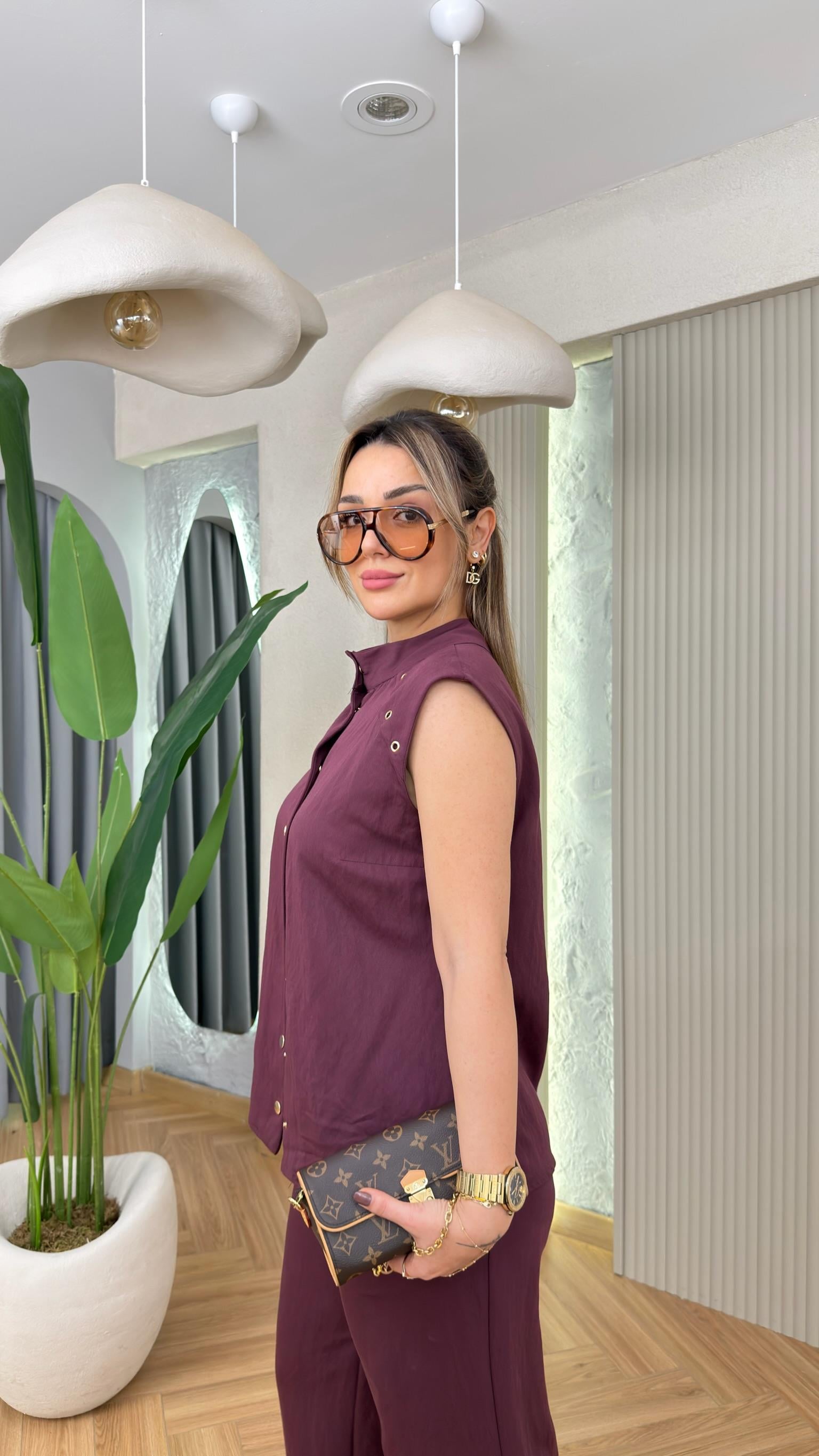 Bordo Bello Gold Düğmeli Yelek Pantolon Takım