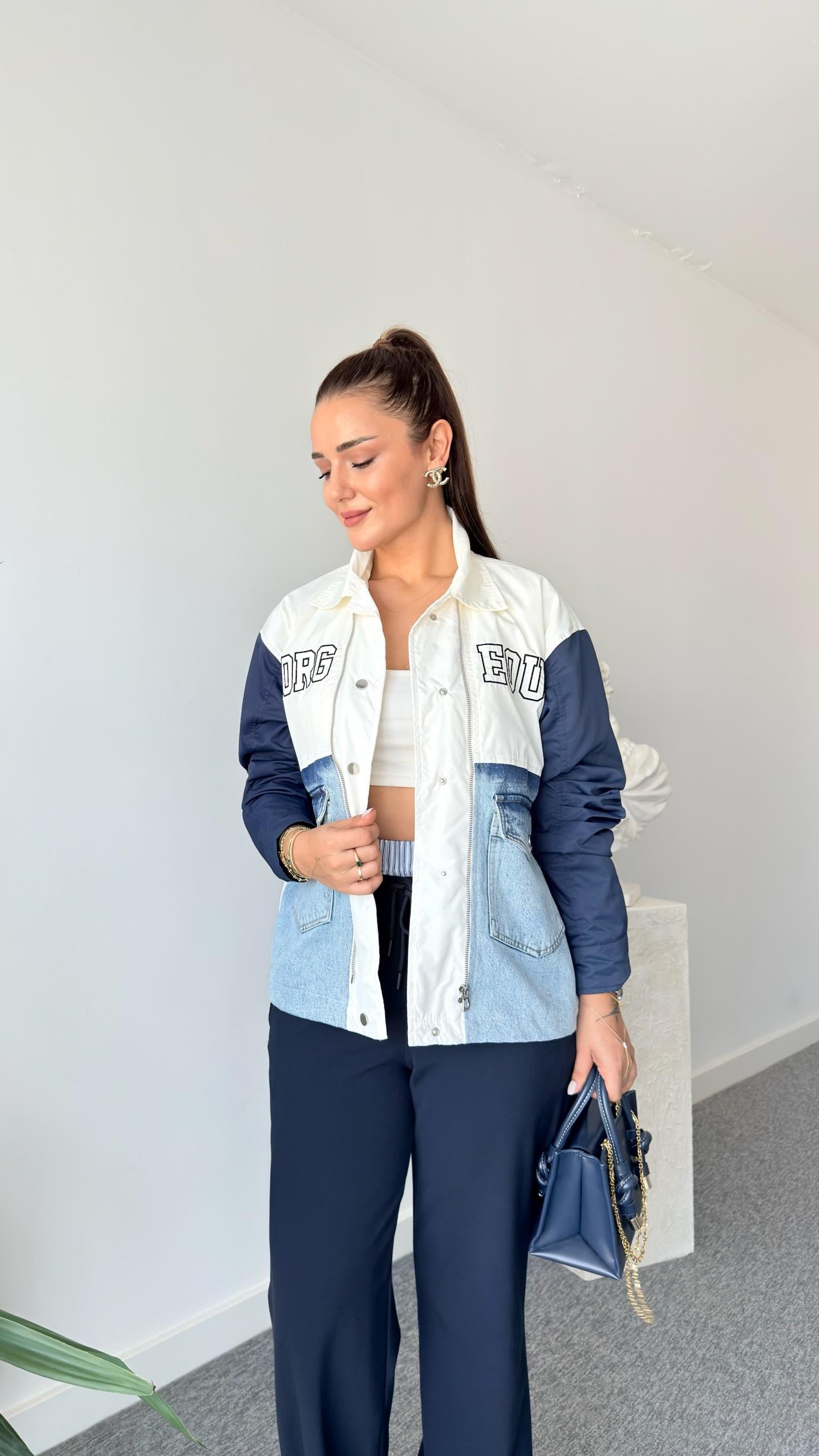 Lacivert Gorgeous Yazılı Garnili Ceket
