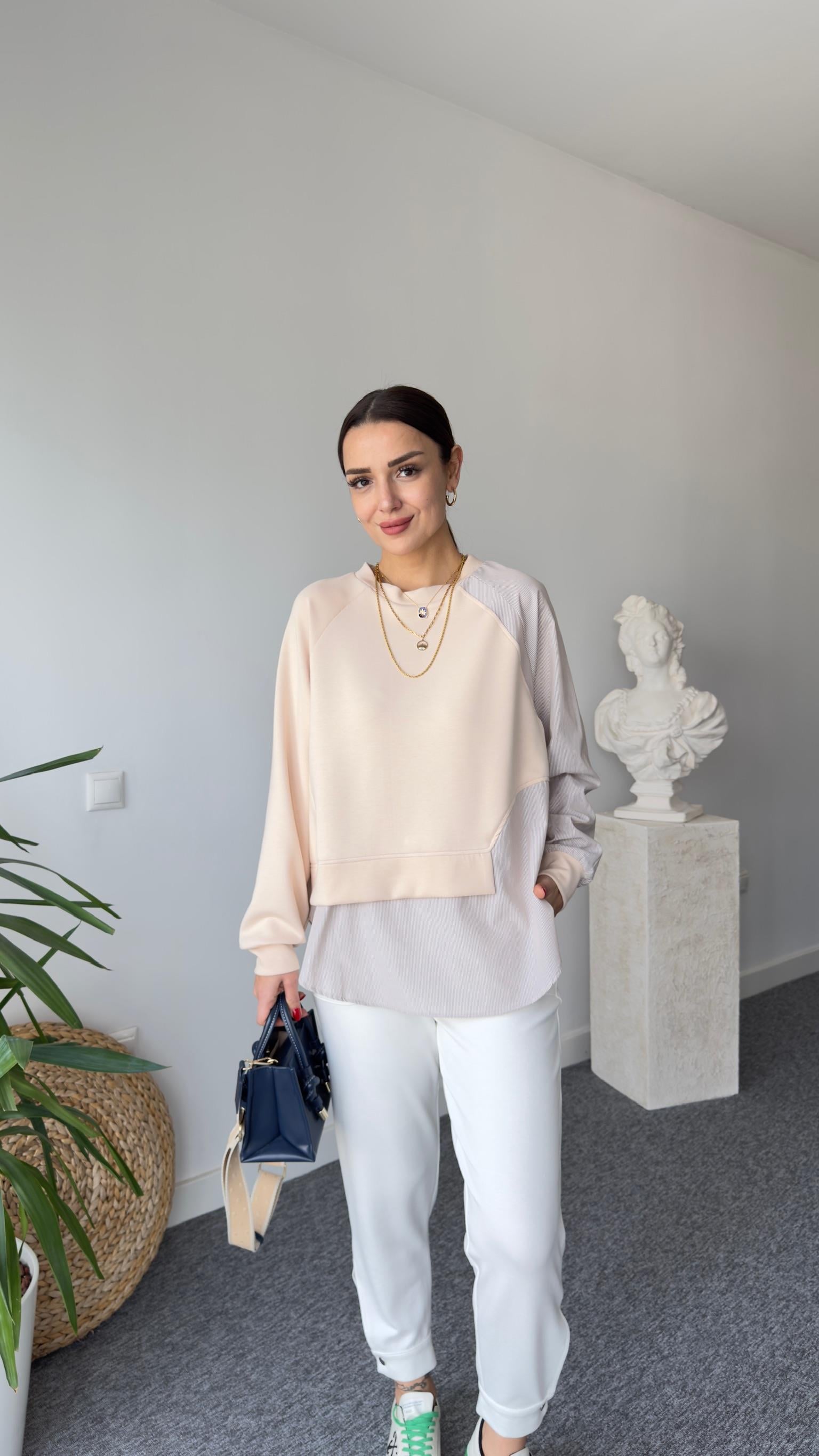 Yan Gömlek Parçalı Bej Modal Sweat