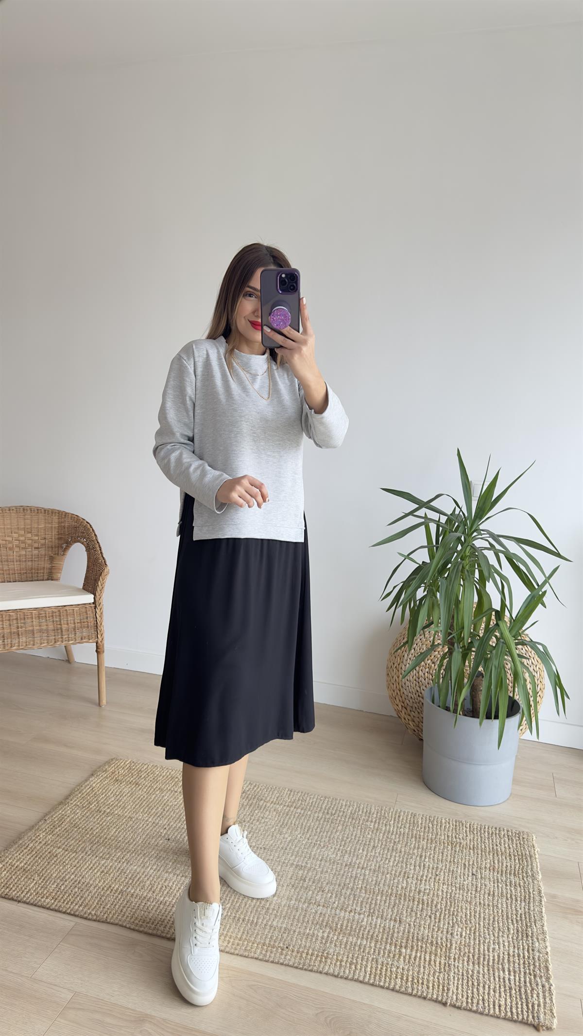Viskon Detaylı Gri Sweat Elbise 