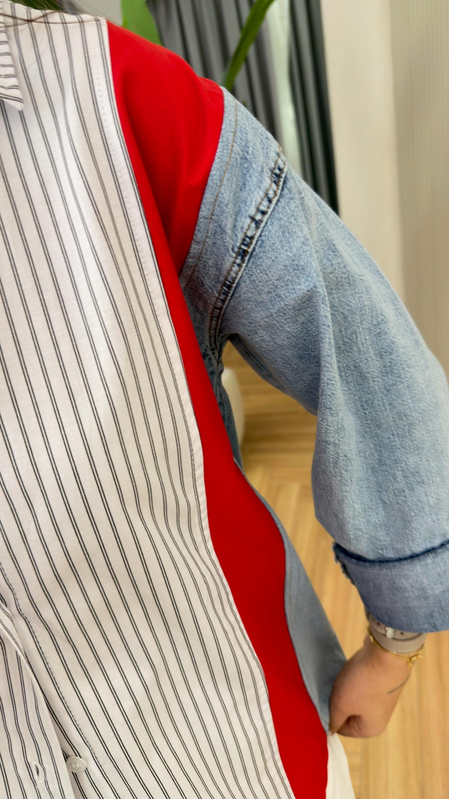 Kırmızı Porter Kot Garnili Çizgili Gömlek