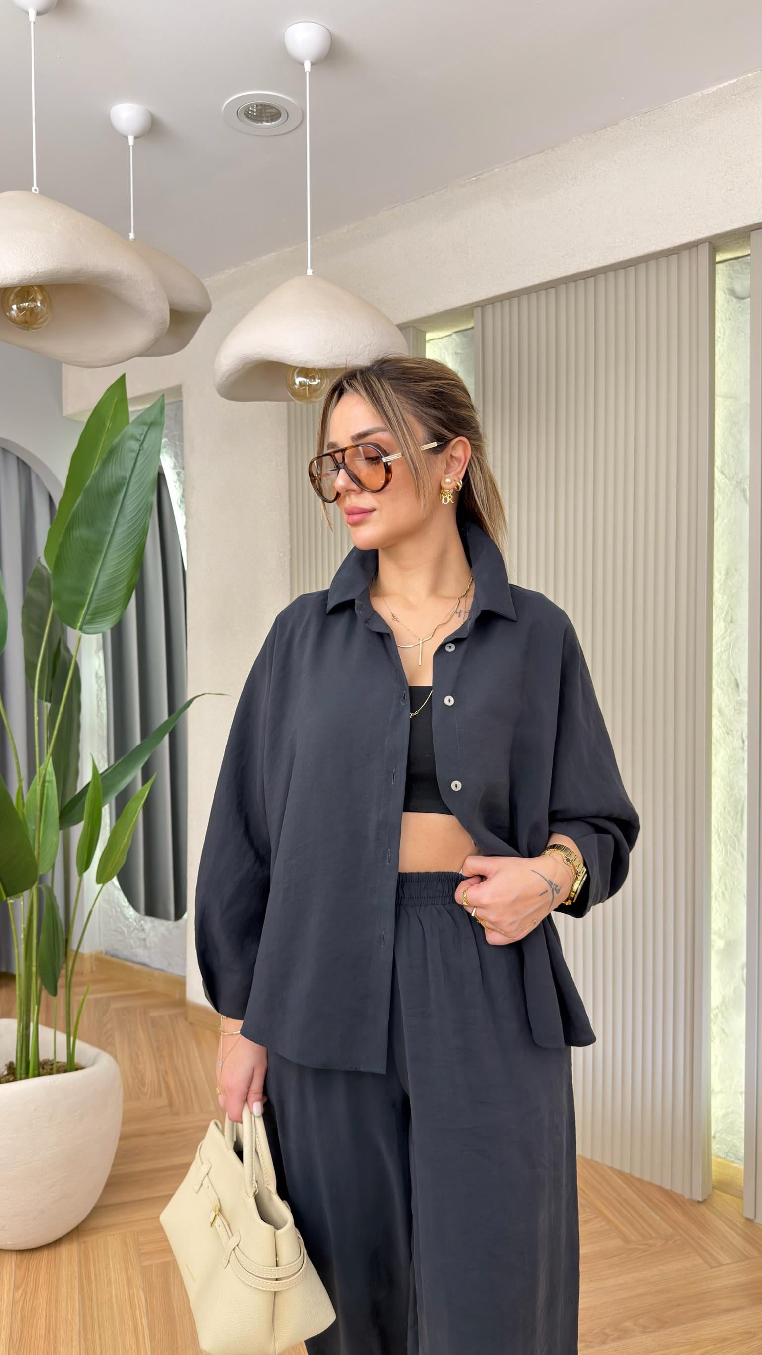 Siyah Odella Tensel Gömlek Pantolon Takım