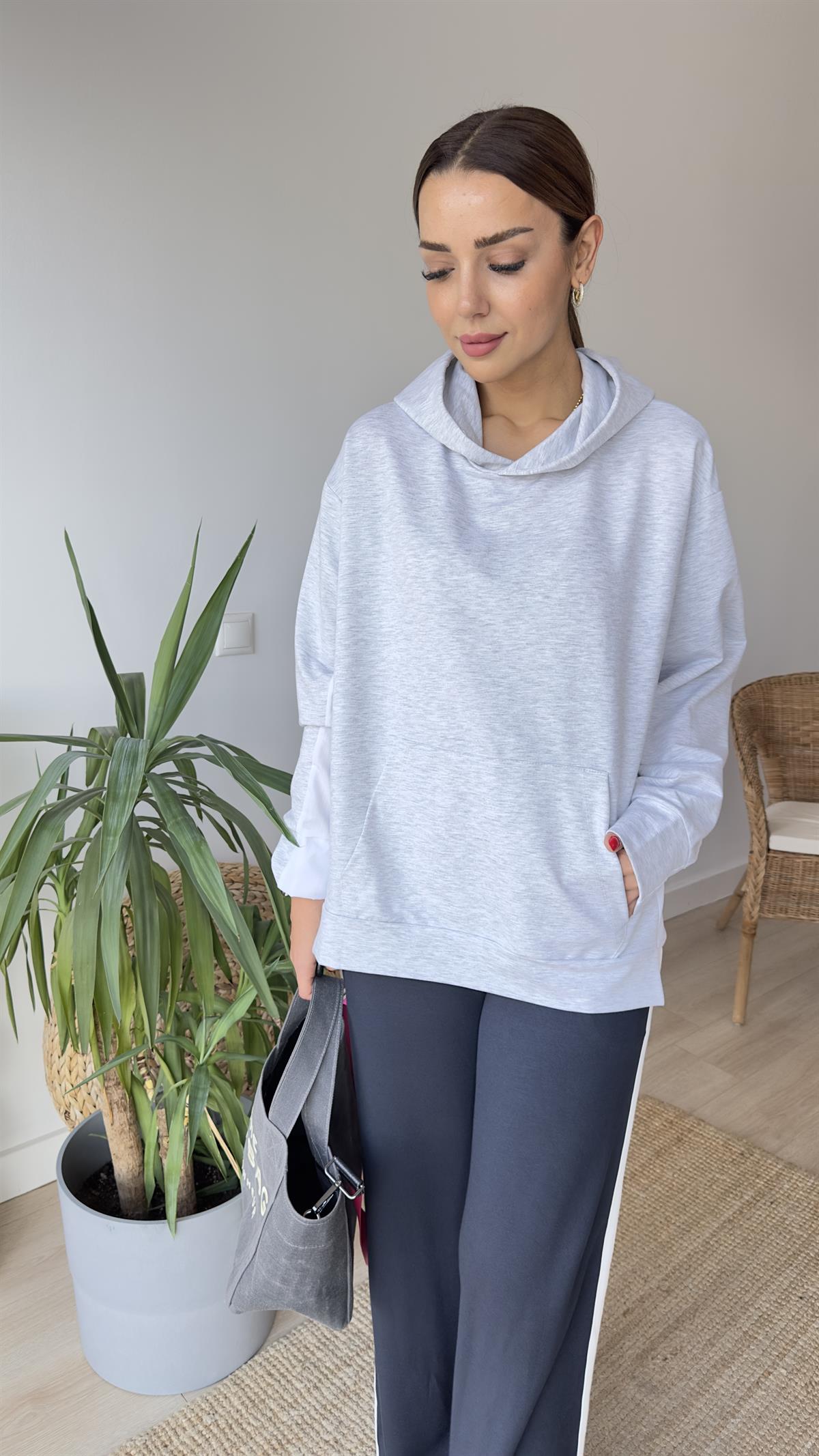 Zra Model Sırtı Poplin Kapüşonlu Gri Sweat