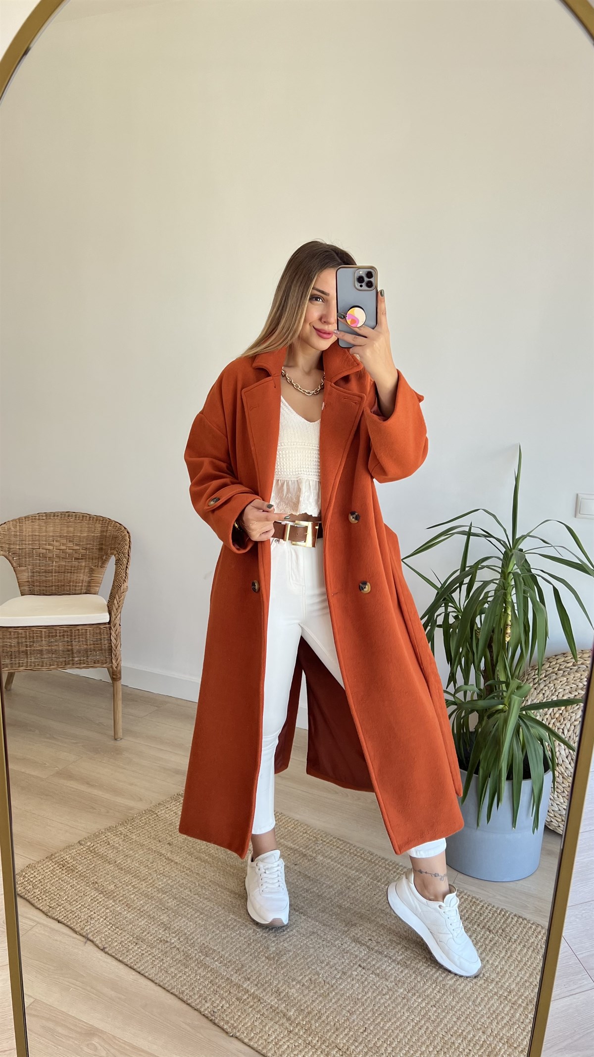 Kuşak Detaylı Astarlı Kiremit Kaban