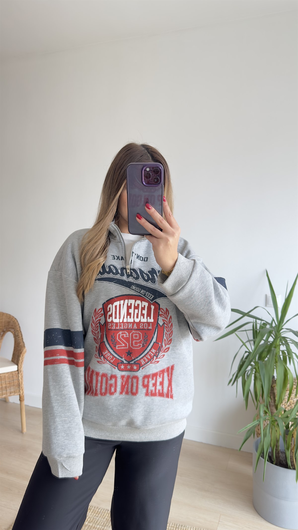 Yarım Fermuar Baskılı Gri Sweat