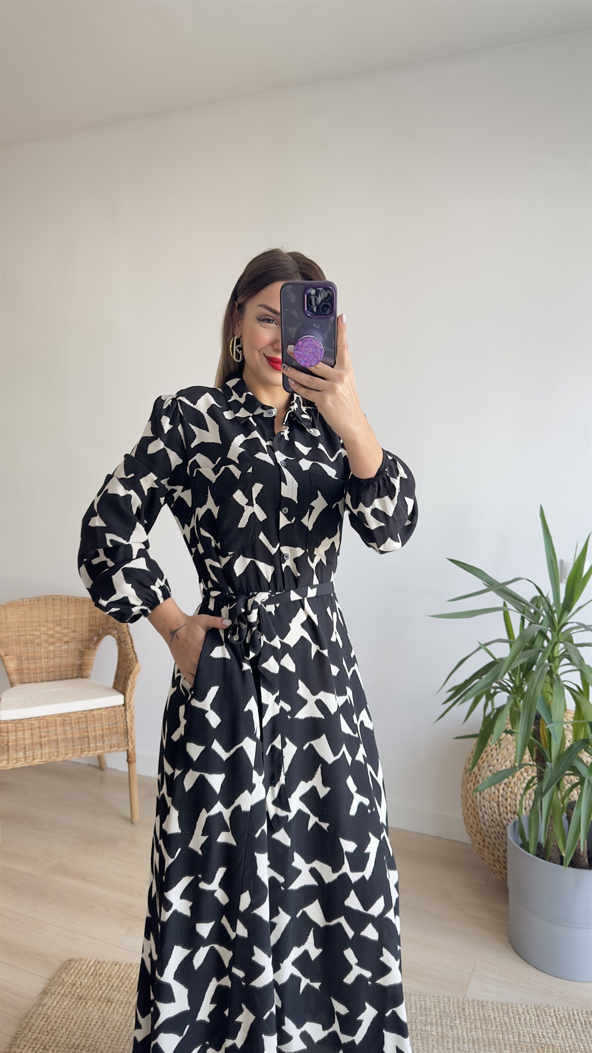 Geometrik Desen Cepli Maxi Elbise 