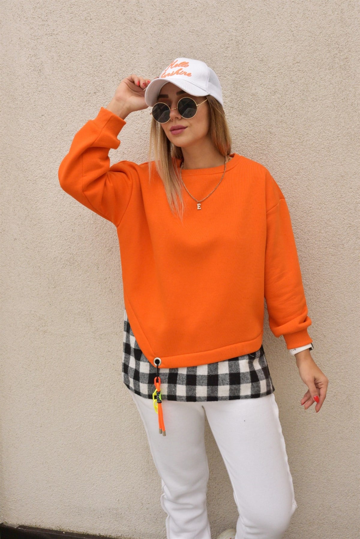 Ekose Detaylı Tasarım Turuncu Sweatshirt